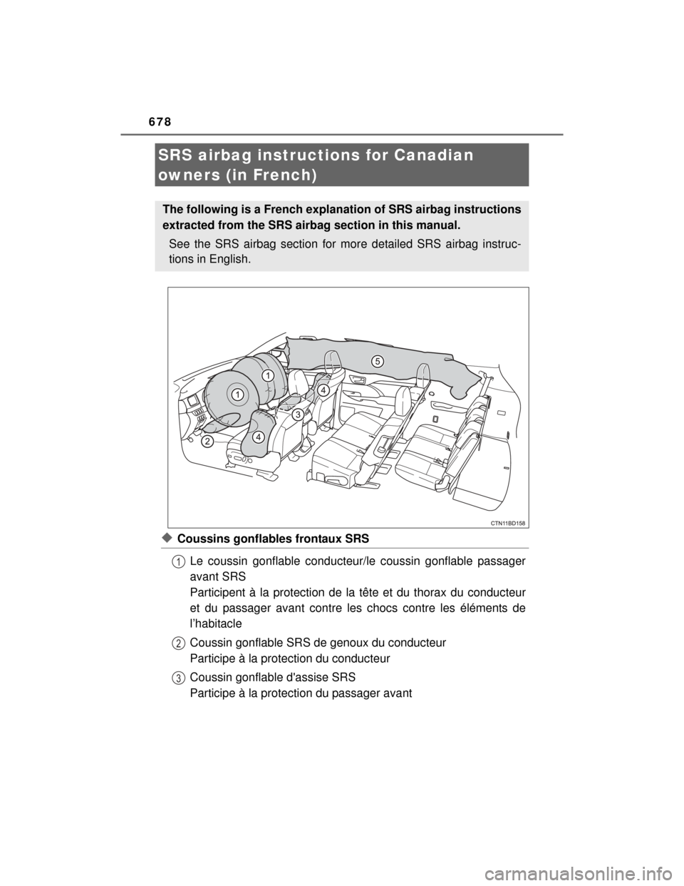 TOYOTA HIGHLANDER 2014 XU50 / 3.G Owners Manual 678
HIGHLANDER_U (OM48A12U)
◆Coussins gonflables frontaux SRSLe coussin gonflable conducteur/le coussin gonflable passager
avant SRS
Participent à la protection de la tête et du thorax du conducte