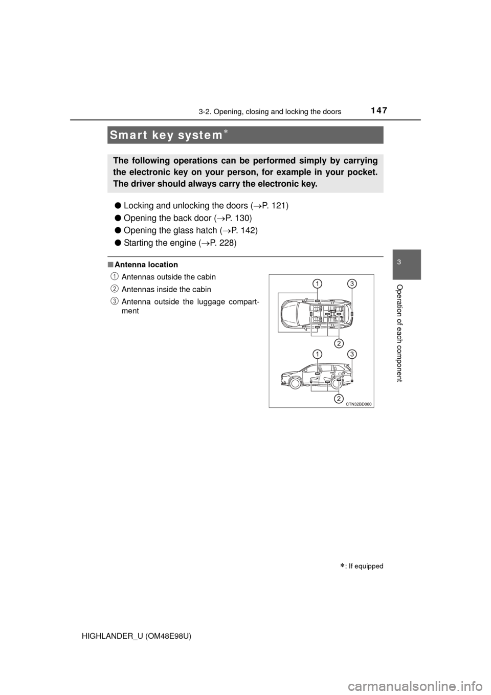 TOYOTA HIGHLANDER 2015 XU50 / 3.G Owners Manual 1473-2. Opening, closing and locking the doors
3
Operation of each component
HIGHLANDER_U (OM48E98U)
●Locking and unlocking the doors ( P. 121)
● Opening the back door ( P. 130)
● Opening 