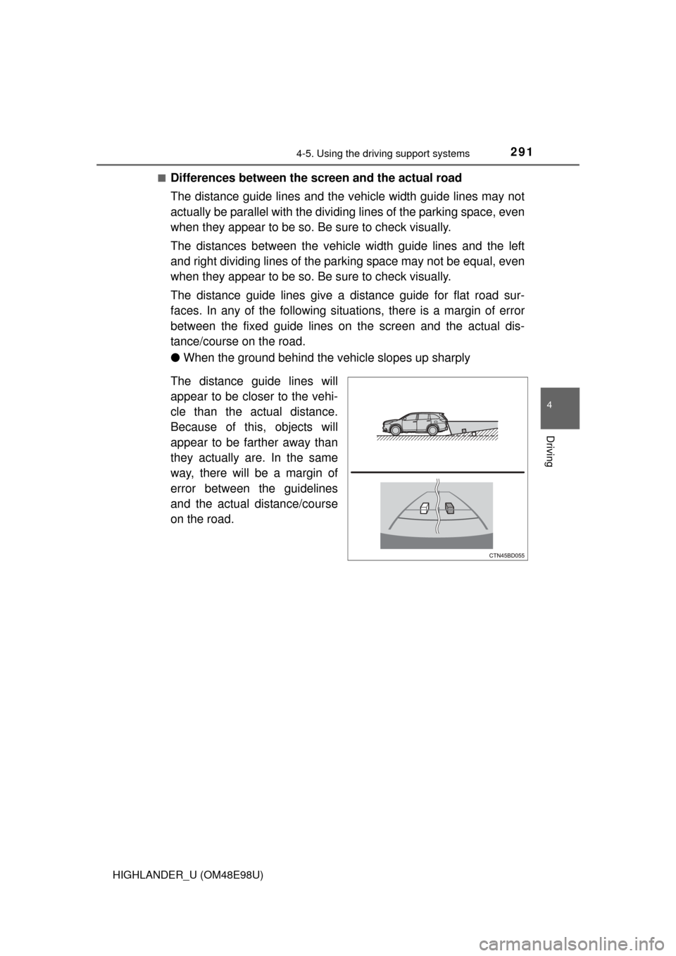 TOYOTA HIGHLANDER 2015 XU50 / 3.G Owners Manual 2914-5. Using the driving support systems
4
Driving
HIGHLANDER_U (OM48E98U)■
Differences between the screen and the actual road
The distance guide lines and the vehicle width guide lines may not
act TOYOTA HIGHLANDER 2015 XU50 / 3.G Owners Manual 2914-5. Using the driving support systems
4
Driving
HIGHLANDER_U (OM48E98U)■
Differences between the screen and the actual road
The distance guide lines and the vehicle width guide lines may not
act