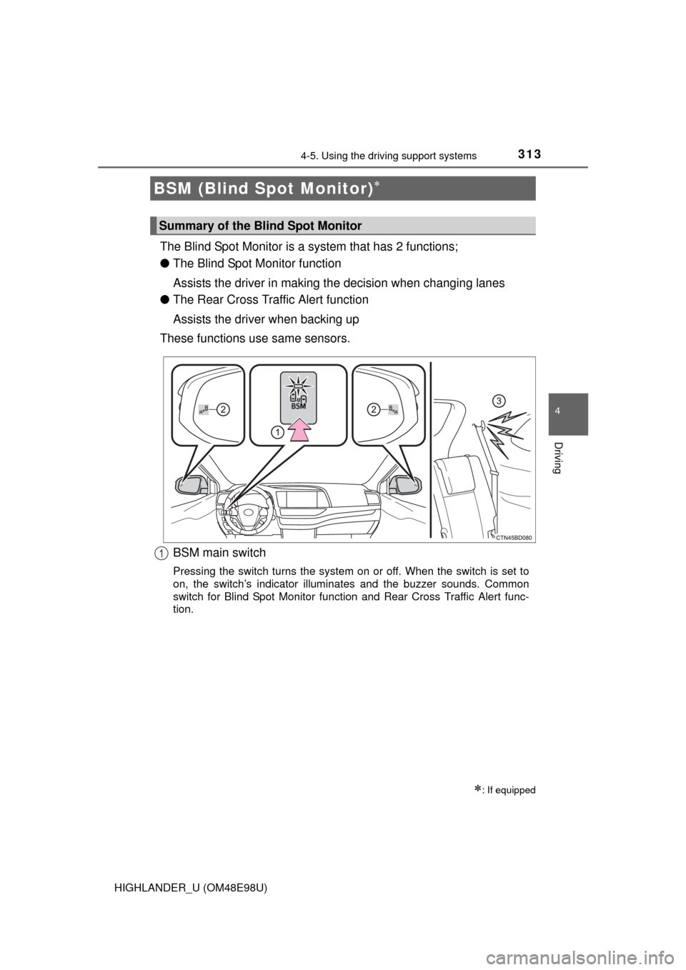 TOYOTA HIGHLANDER 2015 XU50 / 3.G Owners Manual 3134-5. Using the driving support systems
4
Driving
HIGHLANDER_U (OM48E98U)
The Blind Spot Monitor is a system that has 2 functions;
● The Blind Spot Monitor function
Assists the driver in making th