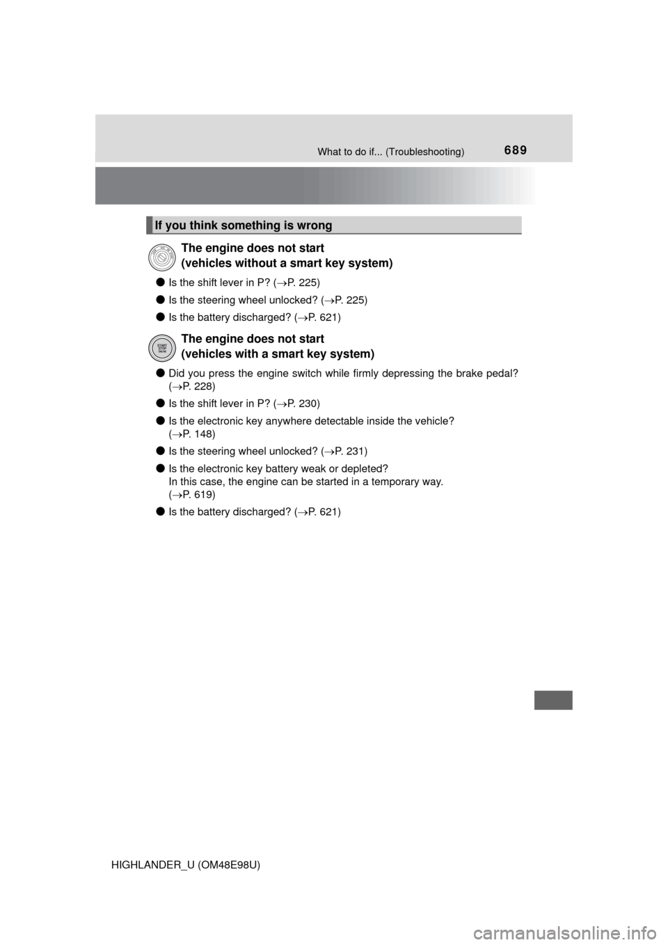 TOYOTA HIGHLANDER 2015 XU50 / 3.G Owners Manual 689What to do if... (Troubleshooting)
HIGHLANDER_U (OM48E98U)
●Is the shift lever in P? (P. 225)
●Is the steering wheel unlocked? ( P. 225)
●Is the battery discharged? (P. 621)
●Did y