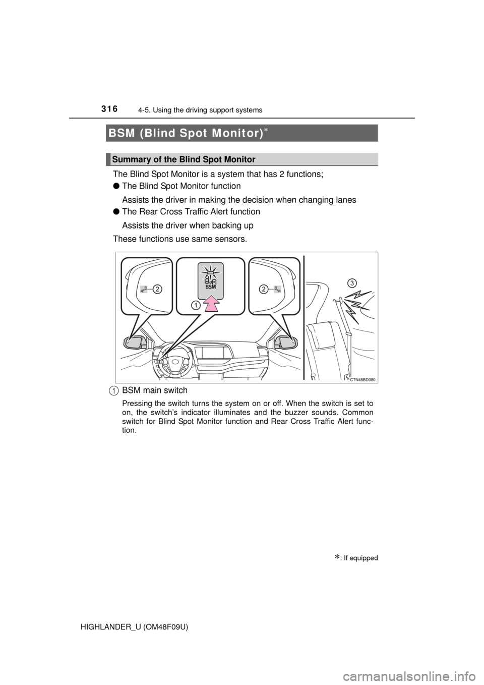 TOYOTA HIGHLANDER 2016 XU50 / 3.G Owners Manual 3164-5. Using the driving support systems
HIGHLANDER_U (OM48F09U)
The Blind Spot Monitor is a  system that has 2 functions;
● The Blind Spot Monitor function
Assists the driver in making the decisio