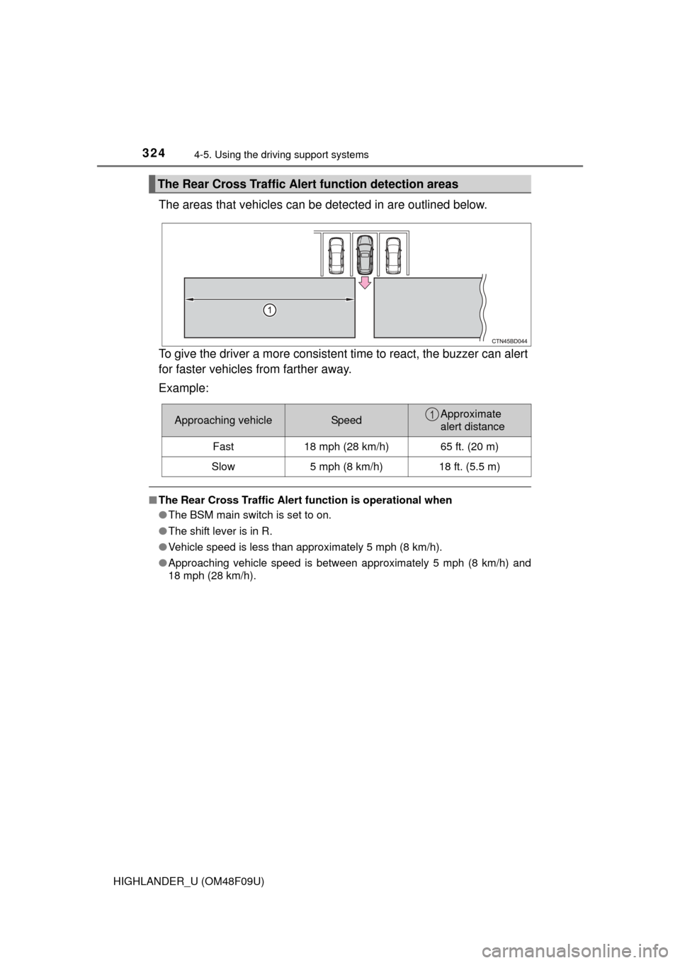 TOYOTA HIGHLANDER 2016 XU50 / 3.G Owners Manual 3244-5. Using the driving support systems
HIGHLANDER_U (OM48F09U)
The areas that vehicles can be  detected in are outlined below.
To give the driver a more consistent time to react, the buzzer can ale