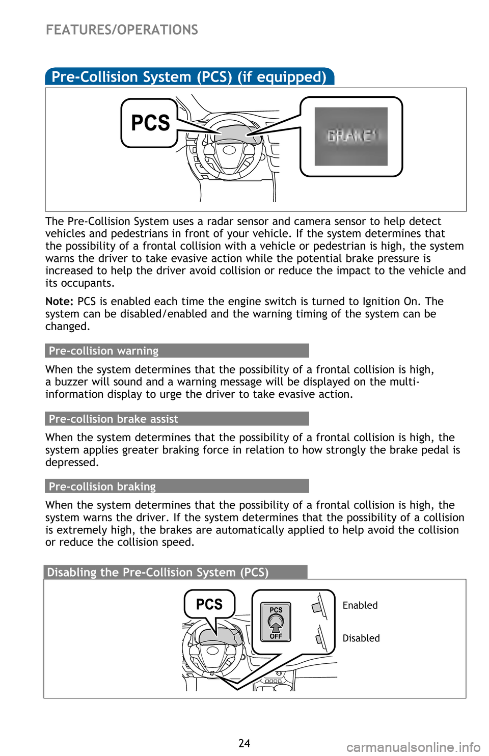 TOYOTA HIGHLANDER 2016 XU50 / 3.G Quick Reference Guide 24
Pre-Collision System (PCS) (if equipped)
The Pre-Collision System uses a radar sensor and camera sensor to help detect
vehicles and pedestrians in front of your vehicle. If the system determines TOYOTA HIGHLANDER 2016 XU50 / 3.G Quick Reference Guide 24
Pre-Collision System (PCS) (if equipped)
The Pre-Collision System uses a radar sensor and camera sensor to help detect
vehicles and pedestrians in front of your vehicle. If the system determines