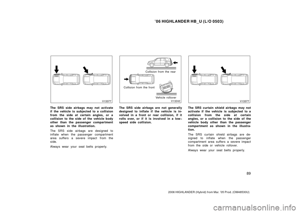 TOYOTA HIGHLANDER HYBRID 2006 XU40 / 2.G Owners Manual ’06 HIGHLANDER HB_U (L/O 0503)
89
2006 HIGHLANDER (Hybrid) from Mar. ’05 Prod. (OM48530U)
The SRS side airbags may not activate
if the vehicle is subjected to a collision
from the side at certain TOYOTA HIGHLANDER HYBRID 2006 XU40 / 2.G Owners Manual ’06 HIGHLANDER HB_U (L/O 0503)
89
2006 HIGHLANDER (Hybrid) from Mar. ’05 Prod. (OM48530U)
The SRS side airbags may not activate
if the vehicle is subjected to a collision
from the side at certain