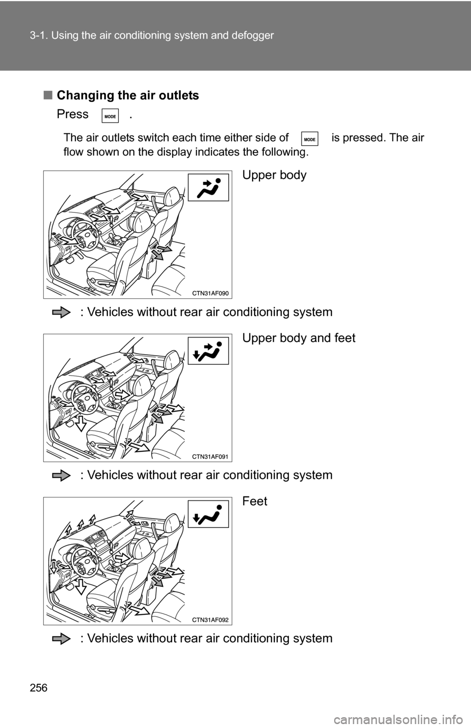 TOYOTA HIGHLANDER HYBRID 2008 XU40 / 2.G Owners Manual 256 3-1. Using the air conditioning system and defogger
■Changing the air outlets
Press .
The air outlets switch each time either side of   is pressed. The air
flow shown on the display indicates th