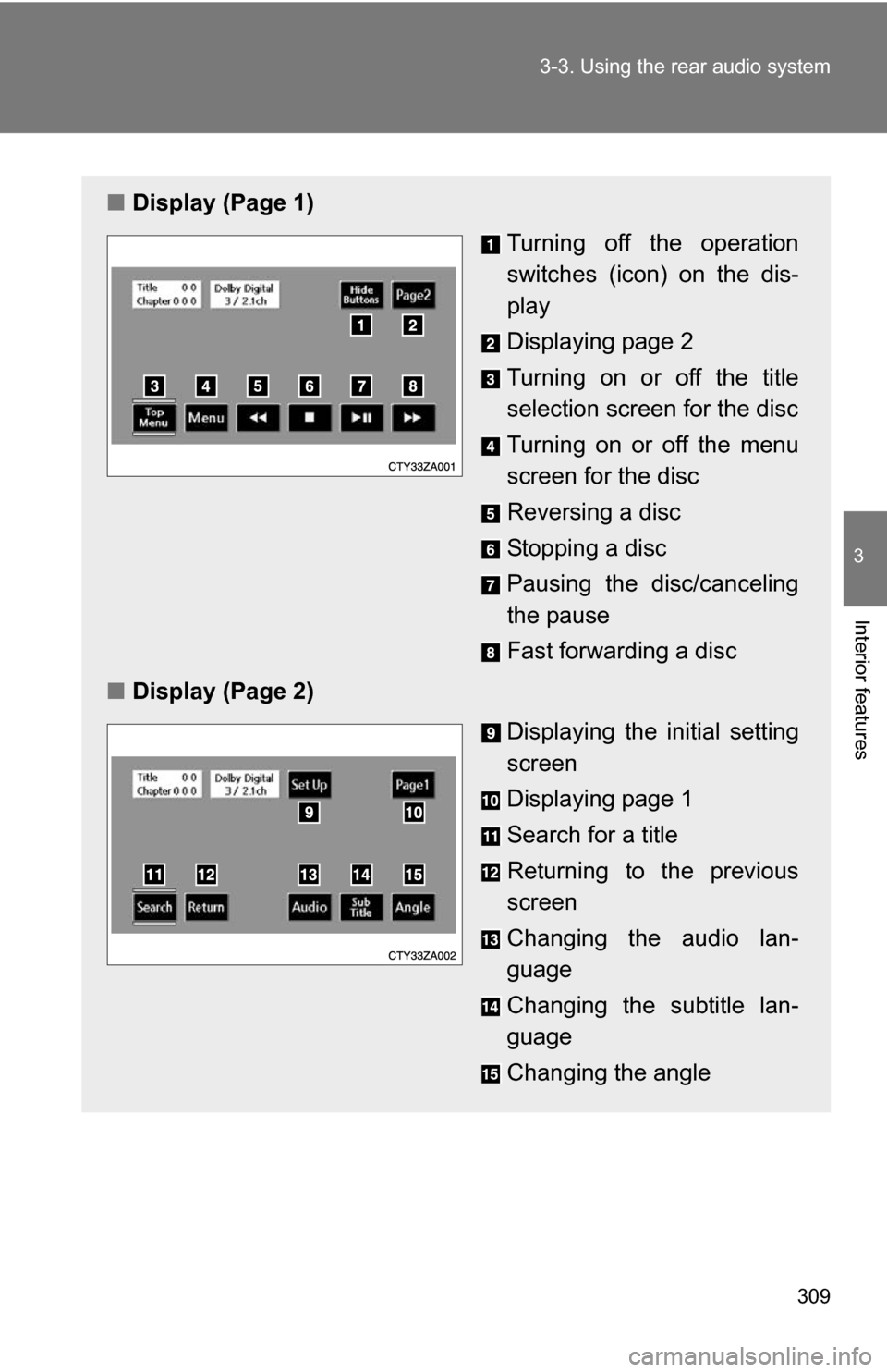 TOYOTA HIGHLANDER HYBRID 2008 XU40 / 2.G Owners Manual 309
3-3. Using the rear audio system
3
Interior features
■
Display (Page 1)
Turning off the operation
switches (icon) on the dis-
play
Displaying page 2
Turning on or off the title
selection screen 