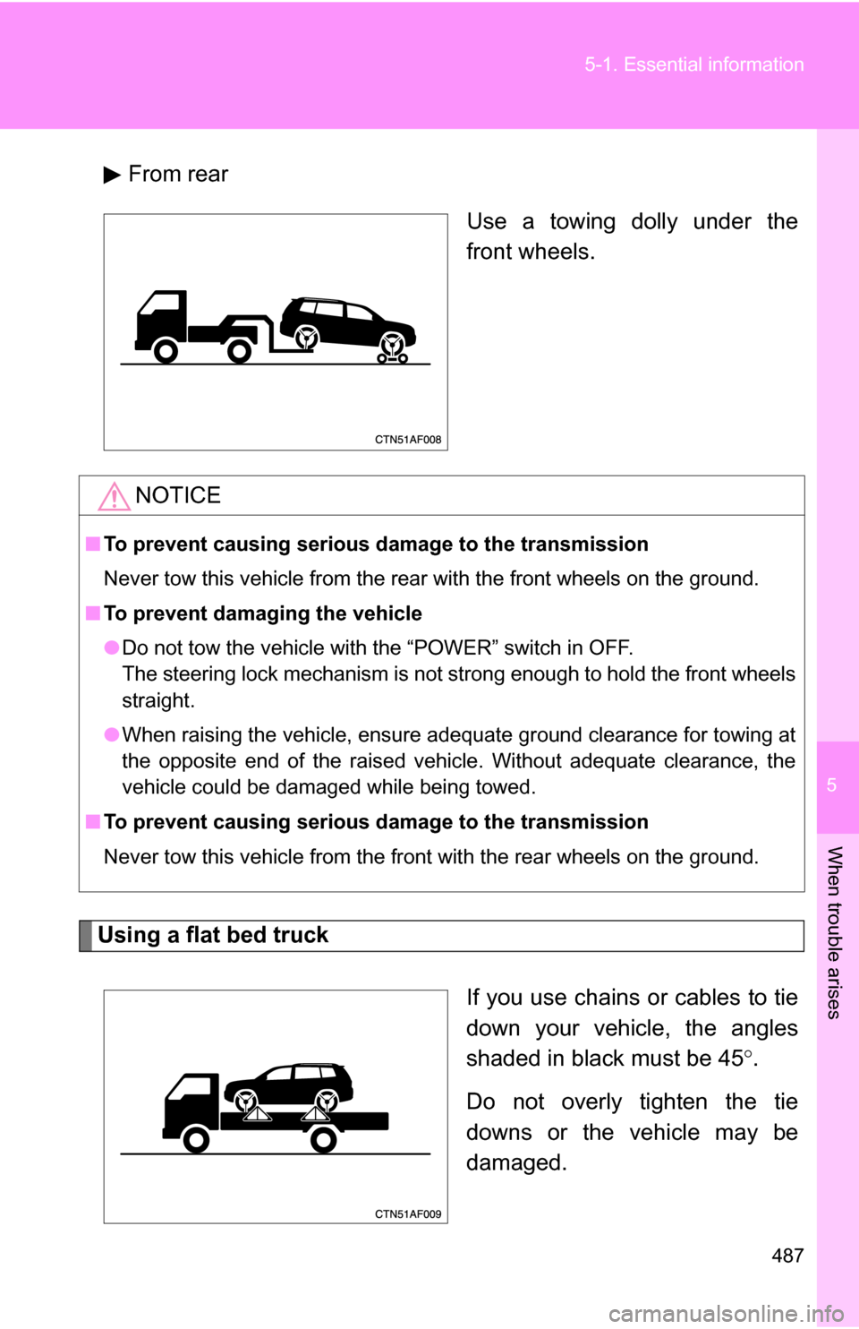 TOYOTA HIGHLANDER HYBRID 2008 XU40 / 2.G Owners Manual 5
When trouble arises
487
5-1. Essential information
From rear
Use a towing dolly under the
front wheels.
Using a flat bed truck
If you use chains or cables to tie
down your vehicle, the angles
shaded