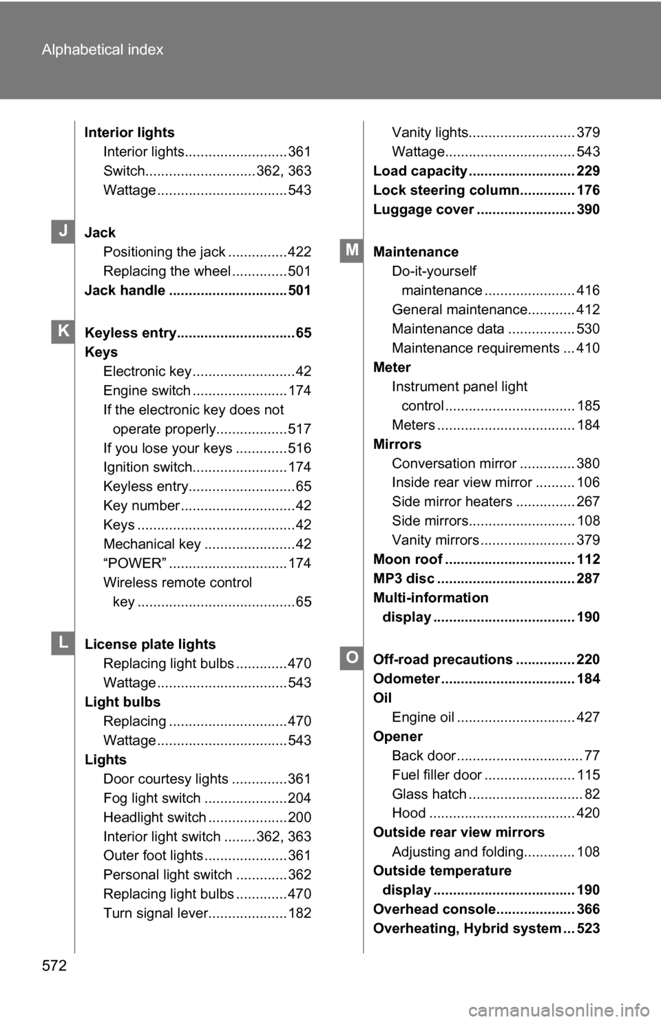 TOYOTA HIGHLANDER HYBRID 2008 XU40 / 2.G Owners Manual 572 Alphabetical index
Interior lightsInterior lights.......................... 361
Switch............................ 362, 363
Wattage ................................. 543
Jack Positioning the jack 