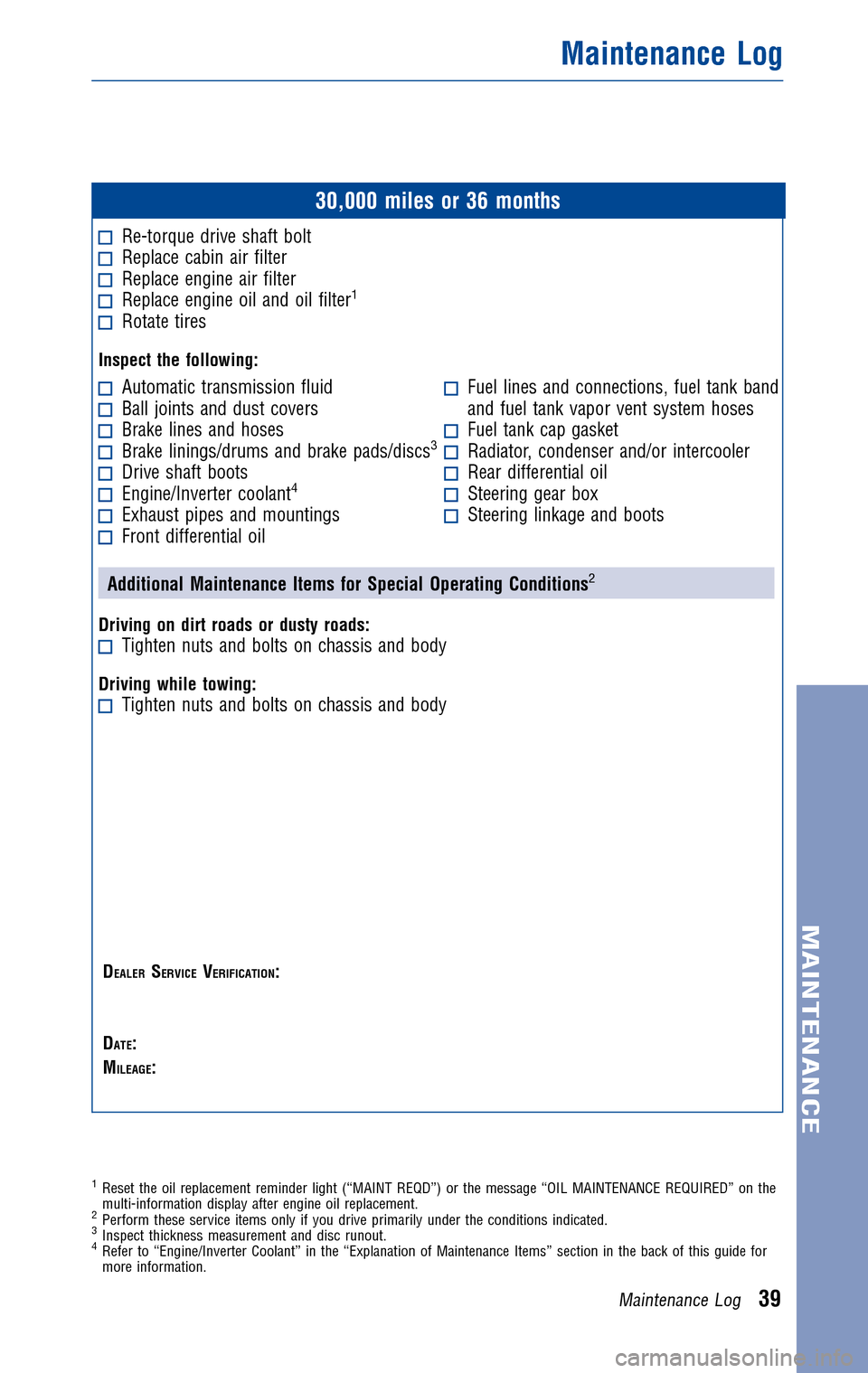 TOYOTA HIGHLANDER HYBRID 2010 XU40 / 2.G Warranty And Maintenance Guide 