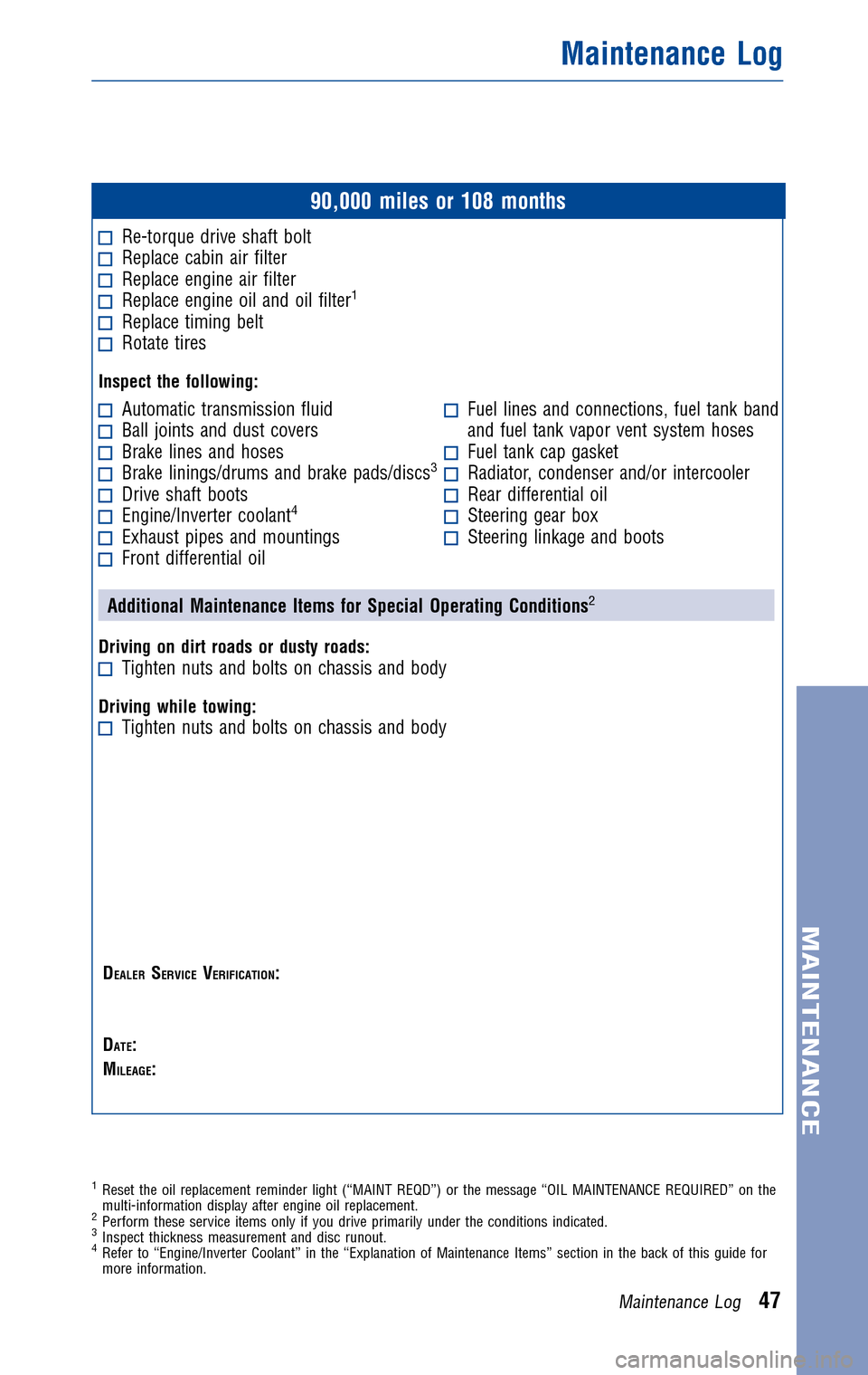 TOYOTA HIGHLANDER HYBRID 2010 XU40 / 2.G Warranty And Maintenance Guide 
