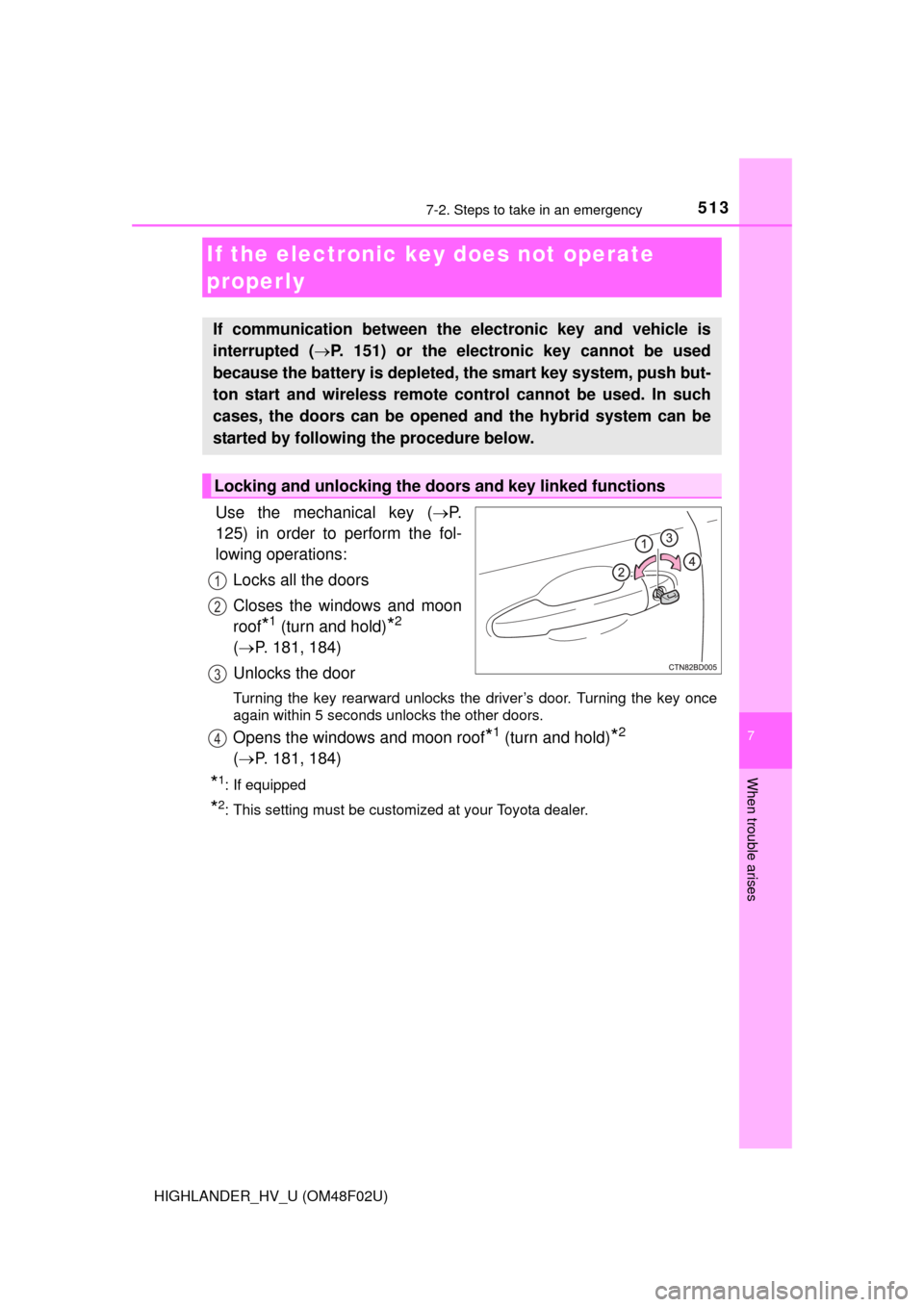 TOYOTA HIGHLANDER HYBRID 2015 XU50 / 3.G Owners Manual 5137-2. Steps to take in an emergency
7
When trouble arises
HIGHLANDER_HV_U (OM48F02U)
Use the mechanical key (P.
125) in order to perform the fol-
lowing operations:
Locks all the doors
Closes the TOYOTA HIGHLANDER HYBRID 2015 XU50 / 3.G Owners Manual 5137-2. Steps to take in an emergency
7
When trouble arises
HIGHLANDER_HV_U (OM48F02U)
Use the mechanical key (P.
125) in order to perform the fol-
lowing operations:
Locks all the doors
Closes the