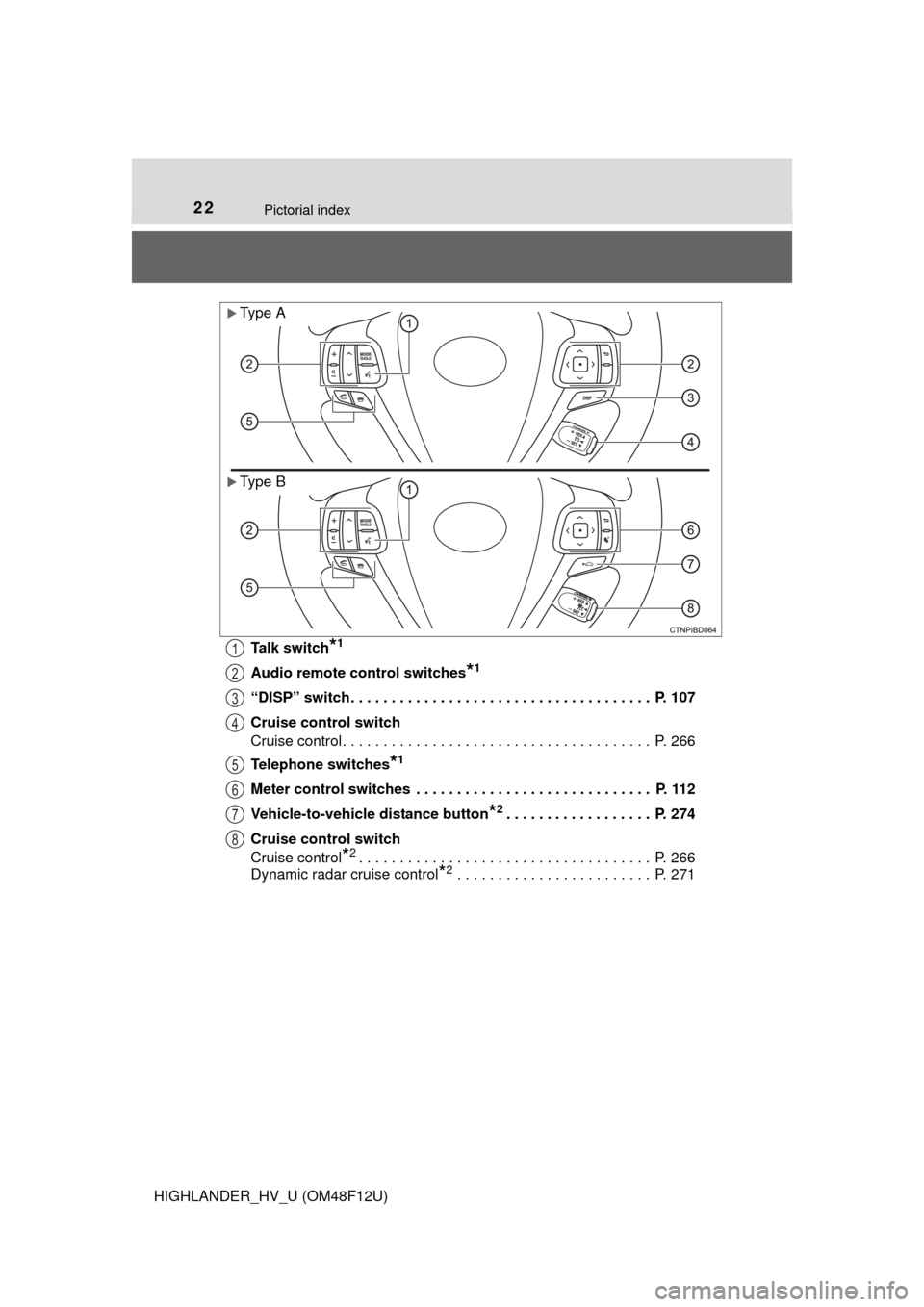 TOYOTA HIGHLANDER HYBRID 2016 XU50 / 3.G Owners Manual 22Pictorial index
HIGHLANDER_HV_U (OM48F12U)Talk switch
*1
Audio remote control switches*1
“DISP” switch. . . . . . . . . . . . . . . . . . . . . . . . . . . . . . . . . . . . .  P. 107
Cruise con