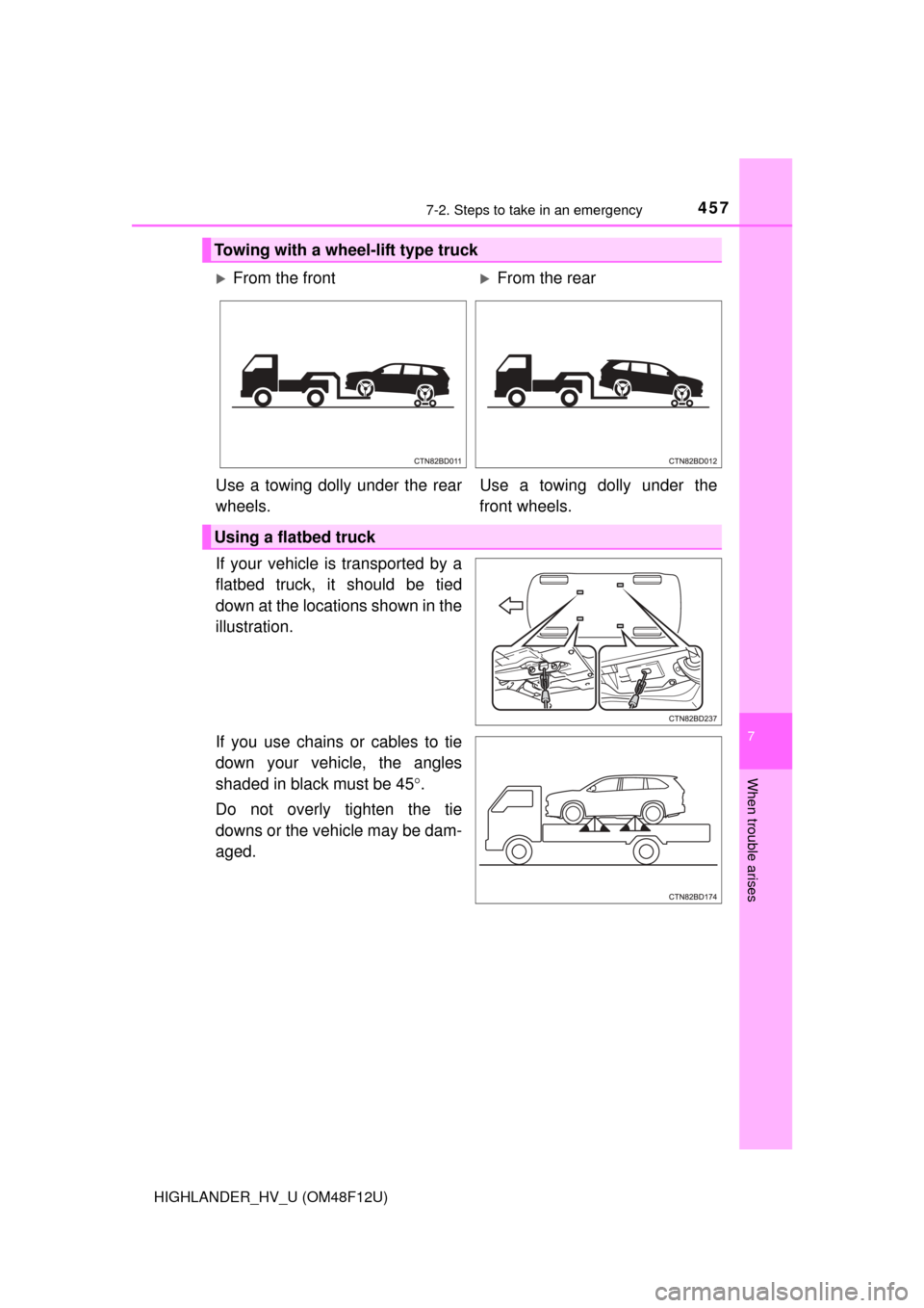TOYOTA HIGHLANDER HYBRID 2016 XU50 / 3.G Owners Manual 4577-2. Steps to take in an emergency
7
When trouble arises
HIGHLANDER_HV_U (OM48F12U)
If your vehicle is transported by a
flatbed truck, it should be tied
down at the locations shown in the
illustrat