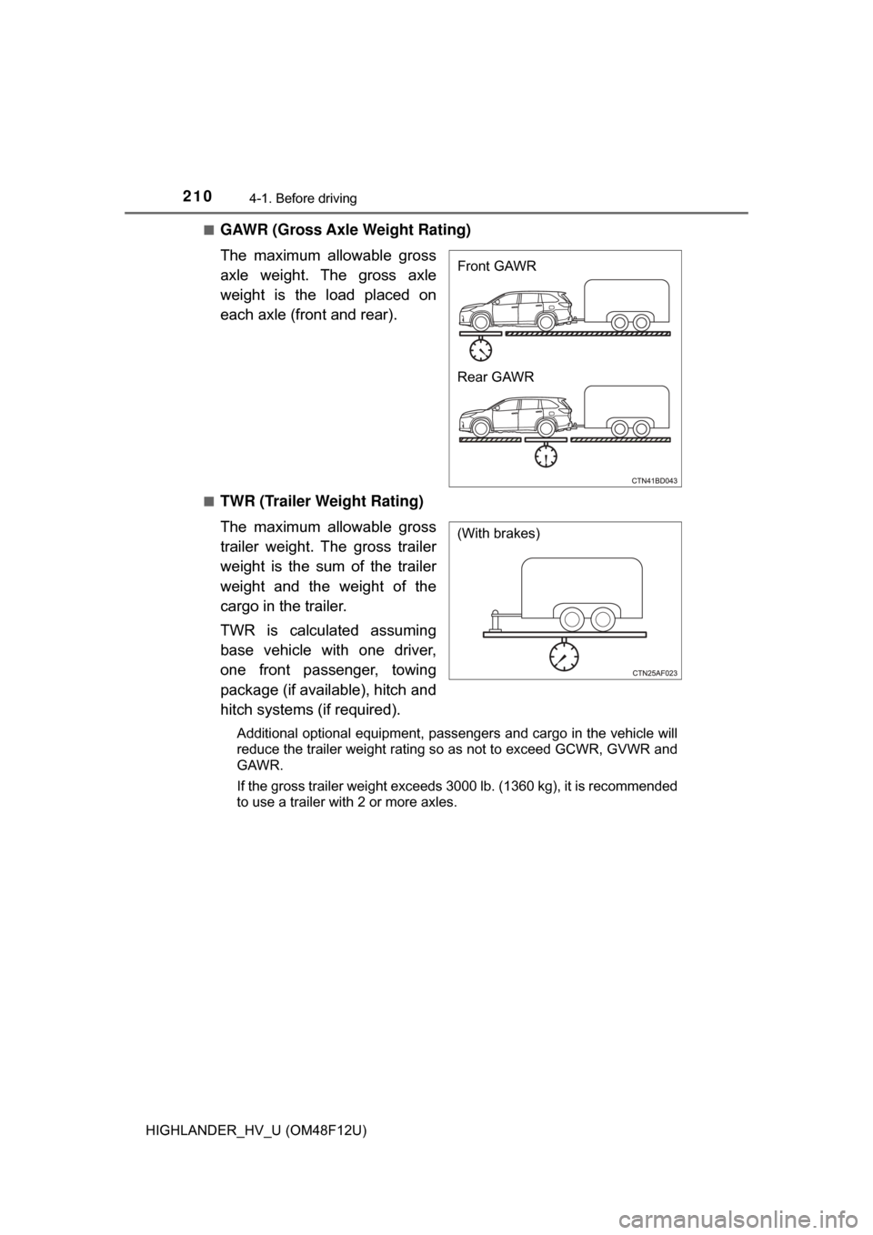 TOYOTA HIGHLANDER HYBRID 2017 XU50 / 3.G Owners Manual 2104-1. Before driving
HIGHLANDER_HV_U (OM48F12U)■
GAWR (Gross Axle 
Weight Rating)
The maximum allowable gross
axle weight. The gross axle
weight is the load placed on
each axle (front and rear).
