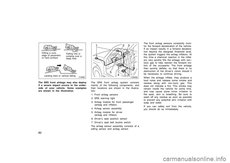 TOYOTA LAND CRUISER 2005 J100 Owners Manual 60
Hitting a curb,
edge of pavement
or hard surfaceFalling into or
jumping over a
deep hole
Landing hard or vehicle falling
The SRS front airbags may also deploy
if a severe impact occurs to the under TOYOTA LAND CRUISER 2005 J100 Owners Manual 60
Hitting a curb,
edge of pavement
or hard surfaceFalling into or
jumping over a
deep hole
Landing hard or vehicle falling
The SRS front airbags may also deploy
if a severe impact occurs to the under