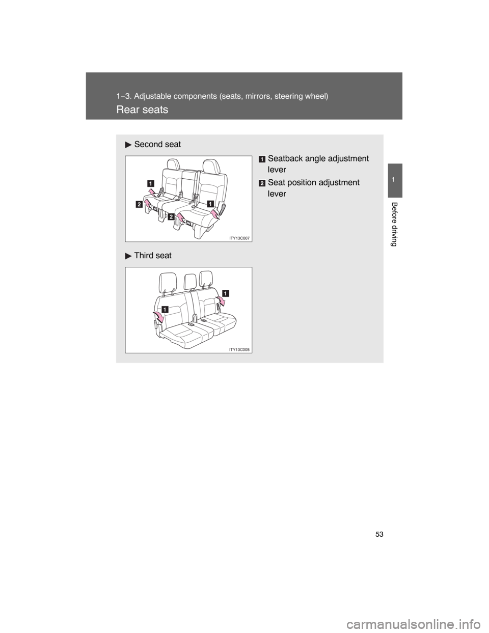 TOYOTA LAND CRUISER 2008 J200 Owners Manual 53
1
1−3. Adjustable components (seats, mirrors, steering wheel)
Before driving
Rear seats
Second seat
Seatback angle adjustment
lever
Seat position adjustment
lever
Third seat
1
1
ITY13C008 