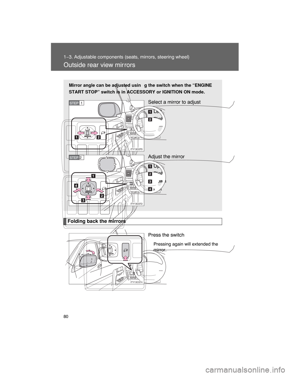 TOYOTA LAND CRUISER 2008 J200 Owners Manual 80
1−3. Adjustable components (seats, mirrors, steering wheel)
Outside rear view mir rors
Folding back the mirrors
Press the switch
Pressing again will extended the
mirror. Mirror angle can be adjus