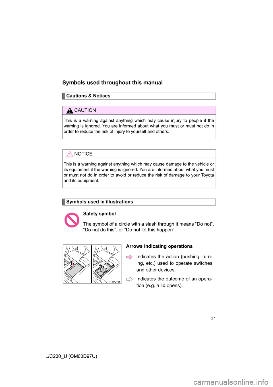 TOYOTA LAND CRUISER 2009 J200 Owners Manual 21
L/C200_U (OM60D97U)
Symbols used throughout this manual
Cautions & Notices 
Symbols used in illustrations
CAUTION
This is a warning against anything which may cause injury to people if the
warning 
