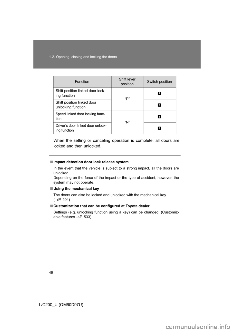 TOYOTA LAND CRUISER 2009 J200 Owners Manual 46 1-2. Opening, closing and locking the doors
L/C200_U (OM60D97U)When the setting or canceling operation is complete, all doors are
locked and then unlocked.
FunctionShift lever 
positionSwitch posit