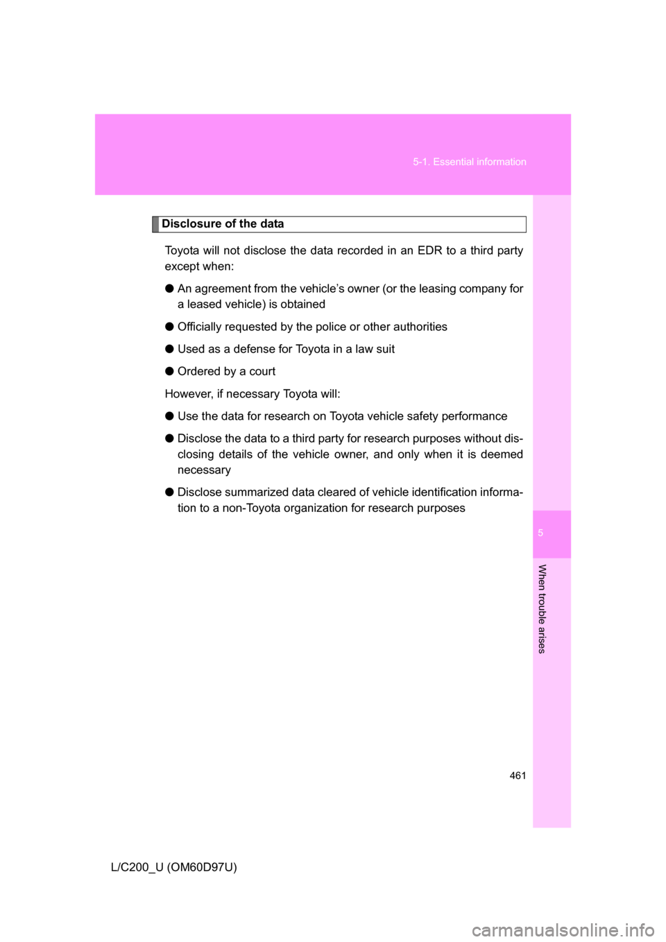 TOYOTA LAND CRUISER 2009 J200 Owners Manual 5
When trouble arises
461
5-1. Essential information
L/C200_U (OM60D97U)
Disclosure of the data
Toyota will not disclose the data re corded in an EDR to a third party
except when:
● An agreement fro