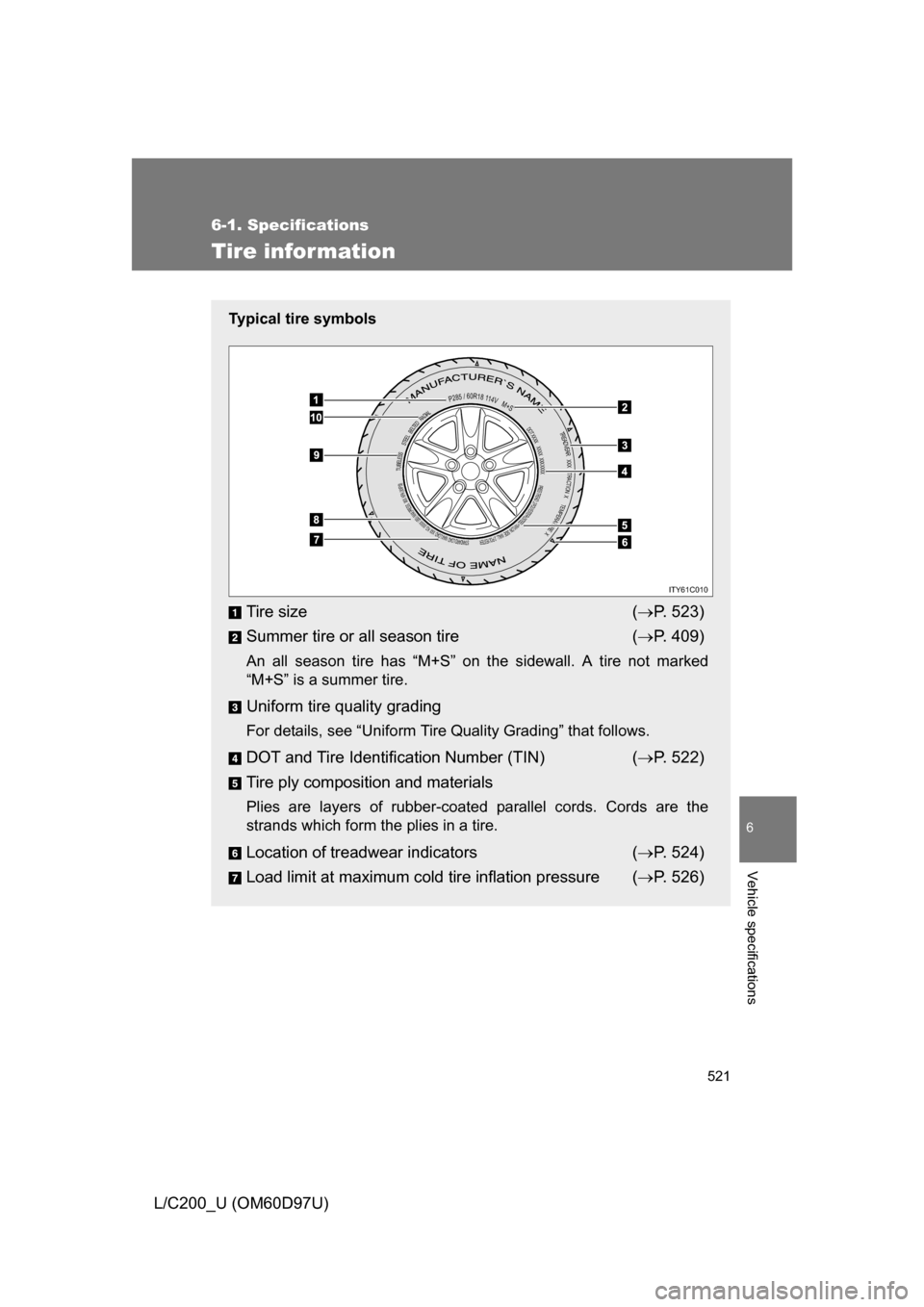 TOYOTA LAND CRUISER 2009 J200 Owners Manual 521
6-1. Specifications
6
Vehicle specifications
L/C200_U (OM60D97U)
Tire infor mation
Typical tire symbols
Tire size( P. 523)
Summer tire or all season tire  ( P. 409)
An all season tire has 