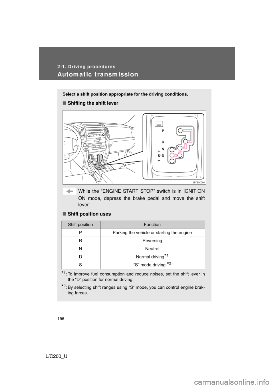 TOYOTA LAND CRUISER 2010 J200 Owners Manual 156
2-1. Driving procedures
L/C200_U
Automatic transmission
Select a shift position appropriate for the driving conditions.
■Shifting the shift lever
While the “ENGINE START STOP” switch is in I
