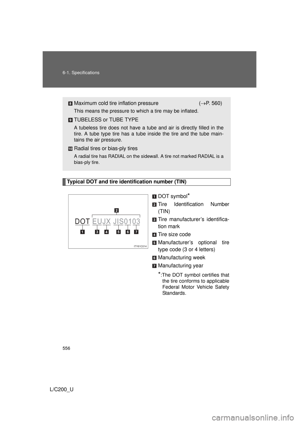 TOYOTA LAND CRUISER 2010 J200 Owners Manual 556 6-1. Specifications
L/C200_U
Typical DOT and tire identification number (TIN)DOT symbol
*
Tire Identification Number
(TIN)
Tire manufacturer’s identifica-
tion mark
Tire size code
Manufacturer