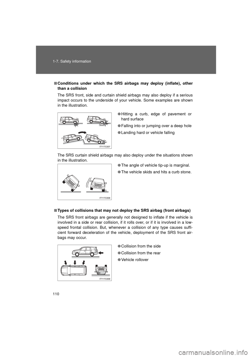 TOYOTA LAND CRUISER 2011 J200 Owners Manual 110 1-7. Safety information
L/C200_U (OM60F74U)
■Conditions under which the SRS airbags may deploy (inflate), other
than a collision
The SRS front, side and curtain shield airbags may also deploy if TOYOTA LAND CRUISER 2011 J200 Owners Manual 110 1-7. Safety information
L/C200_U (OM60F74U)
■Conditions under which the SRS airbags may deploy (inflate), other
than a collision
The SRS front, side and curtain shield airbags may also deploy if