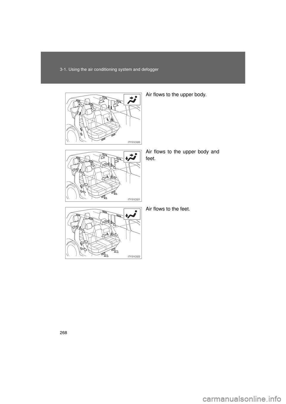TOYOTA LAND CRUISER 2011 J200 Owners Manual 268 3-1. Using the air conditioning system and defogger
L/C200_U (OM60F74U) Air flows to the upper body.
Air flows to the upper body and
feet.
Air flows to the feet.
ITY31C020
ITY31C021
ITY31C022 
