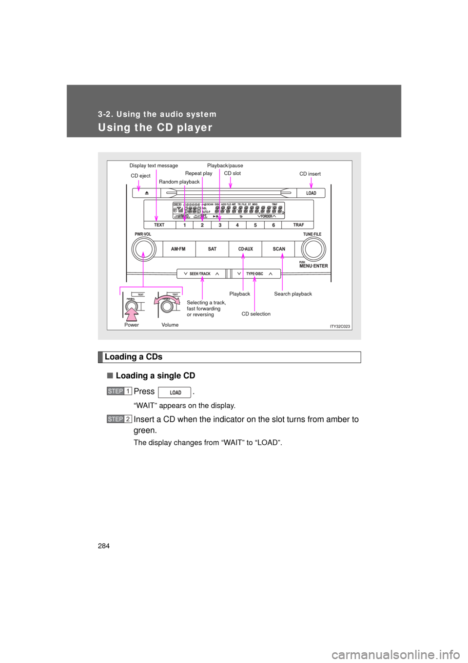 TOYOTA LAND CRUISER 2011 J200 Owners Manual 284
3-2. Using the audio system
L/C200_U (OM60F74U)
Using the CD player
Loading a CDs■ Loading a single CD
Press .
“WAIT” appears on the display.
Insert a CD when the indicator  on the slot turn