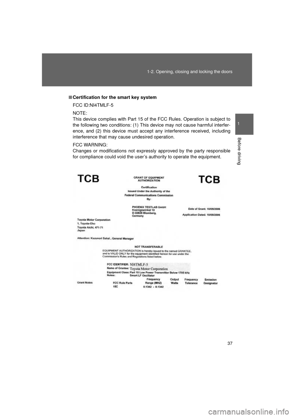 TOYOTA LAND CRUISER 2011 J200 Owners Manual 37
1-2. Opening, closing and locking the doors
1
Before driving
L/C200_U (OM60F74U)
■
Certification for the smart key system
FCC ID:NI4TMLF-5
NOTE:
This device complies with Part 15 of the FCC Rules
