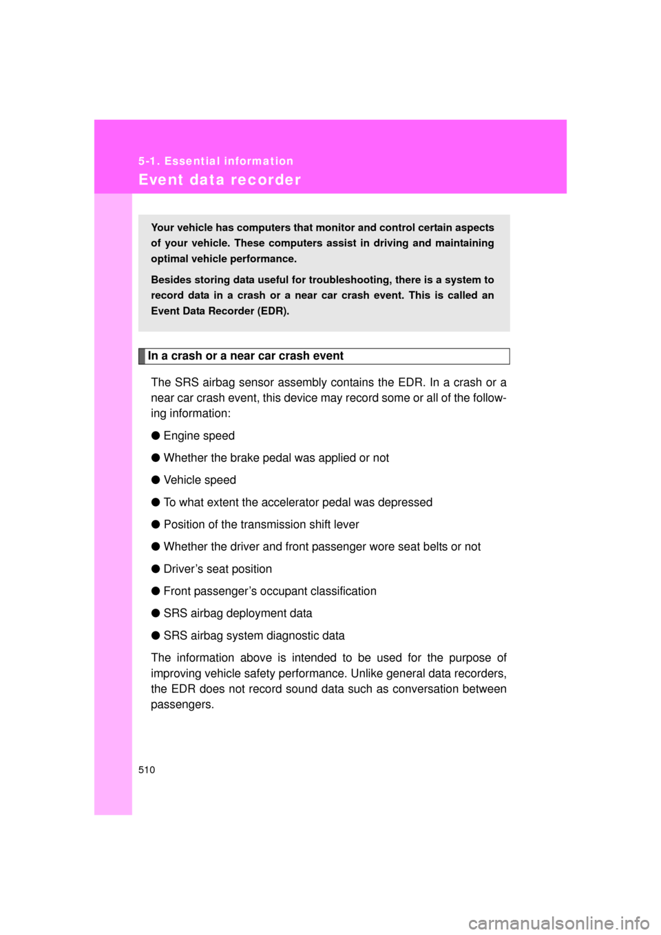 TOYOTA LAND CRUISER 2011 J200 Owners Manual 510
5-1. Essential information
L/C200_U (OM60F74U)
Event data recorder
In a crash or a near car crash eventThe SRS airbag sensor assembly contains the EDR. In a crash or a
near car crash event, this d TOYOTA LAND CRUISER 2011 J200 Owners Manual 510
5-1. Essential information
L/C200_U (OM60F74U)
Event data recorder
In a crash or a near car crash eventThe SRS airbag sensor assembly contains the EDR. In a crash or a
near car crash event, this d