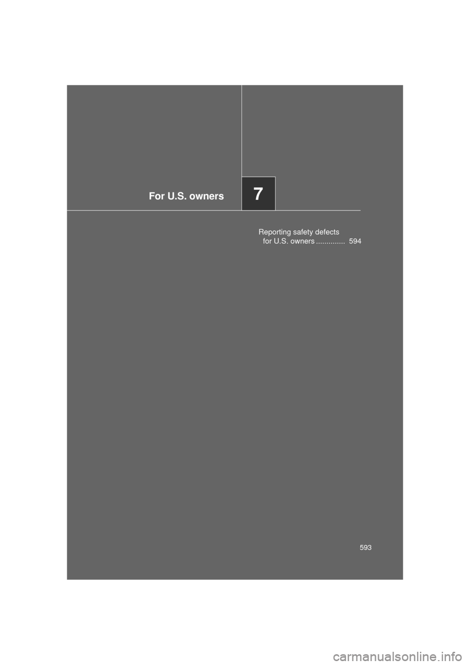 TOYOTA LAND CRUISER 2011 J200 Owners Manual For U.S. owners7
593
L/C200_U (OM60F74U)
Reporting safety defects for U.S. owners ..............  594 