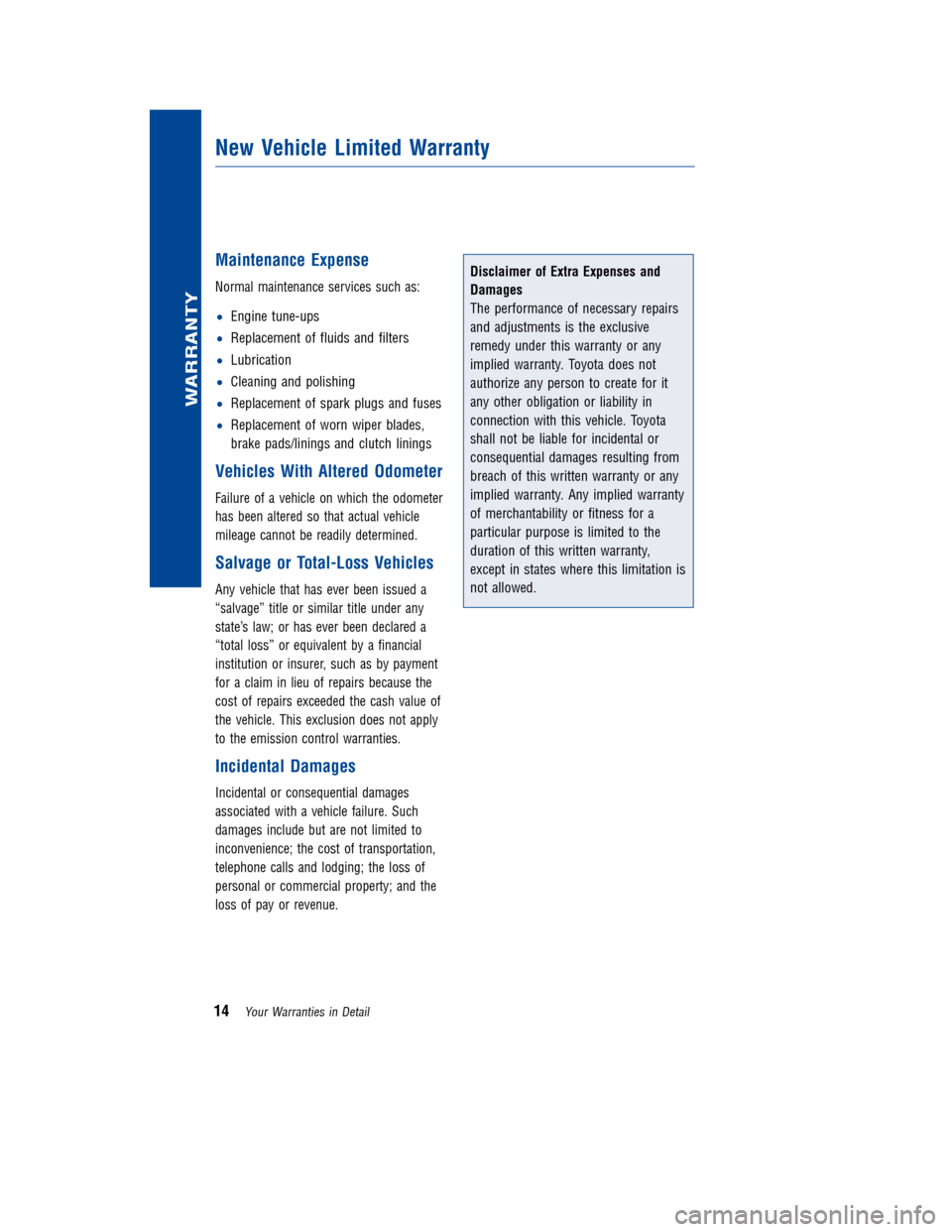 TOYOTA LAND CRUISER 2011 J200 Warranty And Maintenance Guide JOBNAME: 317281-2011-lnd-toyw PAGE: 14 SESS: 2 OUTPUT: Wed Jul 14 16:29:26 2010
/tweddle/toyota/sched-maint/317281-en-lnd/wg
MaintenanceExpense
Normal maintenance services such as:
•Engine tune-ups
