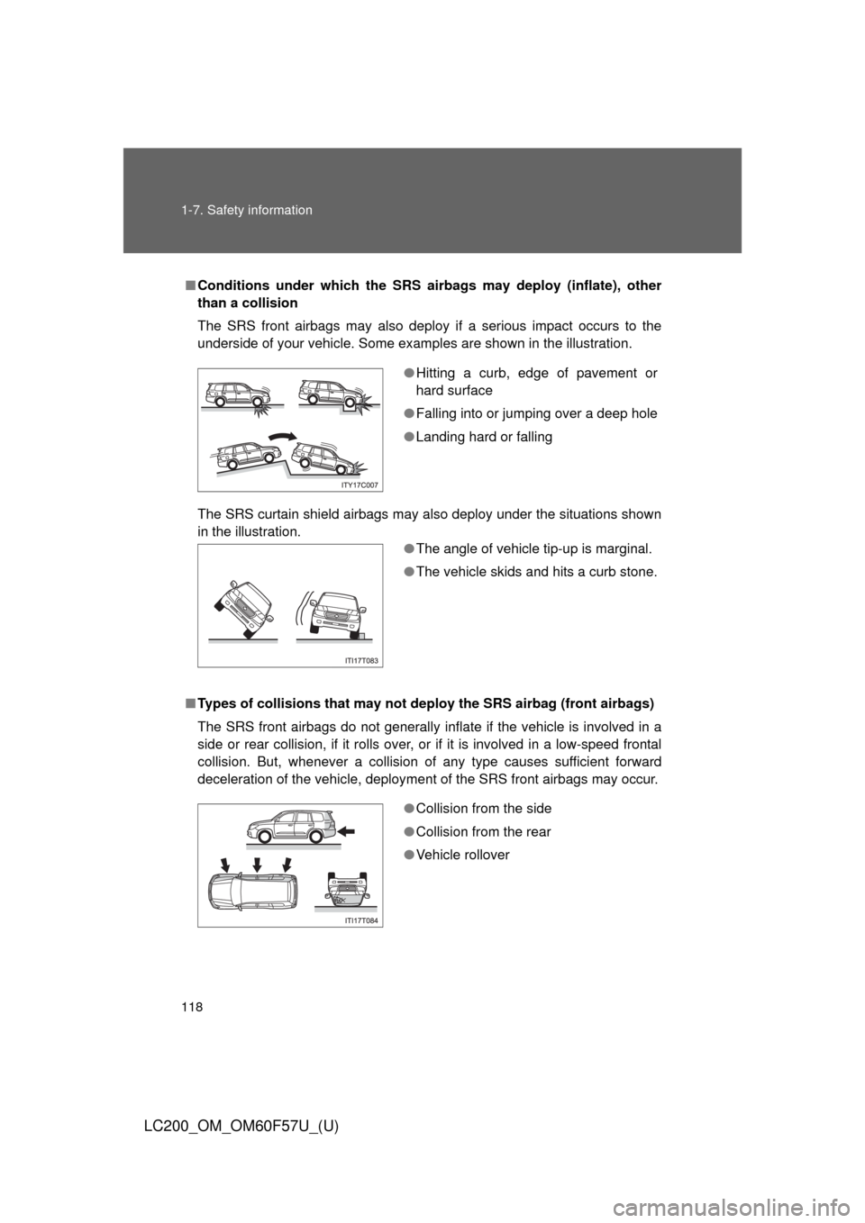 TOYOTA LAND CRUISER 2013 J200 Owners Manual 118 1-7. Safety information
LC200_OM_OM60F57U_(U)
■Conditions under which the SRS airbags may deploy (inflate), other
than a collision
The SRS front airbags may also deploy if a serious impact occur