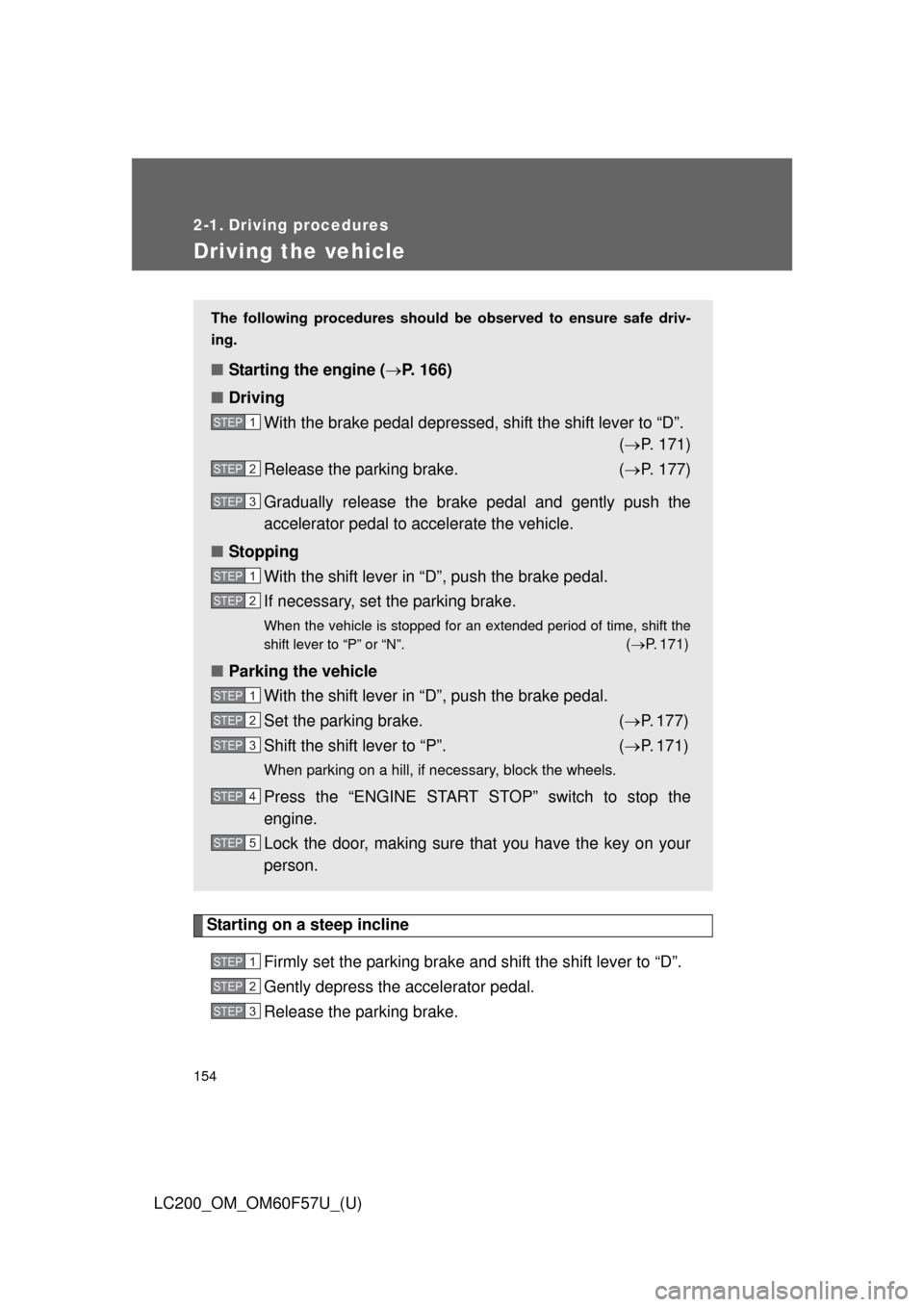 TOYOTA LAND CRUISER 2013 J200 Owners Manual 154
LC200_OM_OM60F57U_(U)
2-1. Driving procedures
Driving the vehicle
Starting on a steep incline
Firmly set the parking brake and shift the shift lever to “D”.
Gently depress the accelerator peda