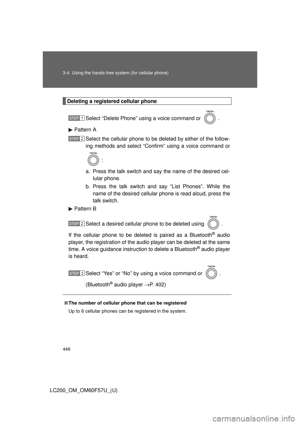 TOYOTA LAND CRUISER 2013 J200 Owners Manual 446 3-4. Using the hands-free system (for cellular phone)
LC200_OM_OM60F57U_(U)
Deleting a registered cellular phone
Select “Delete Phone” using a voice command or  .
Pattern A
Select the cellular