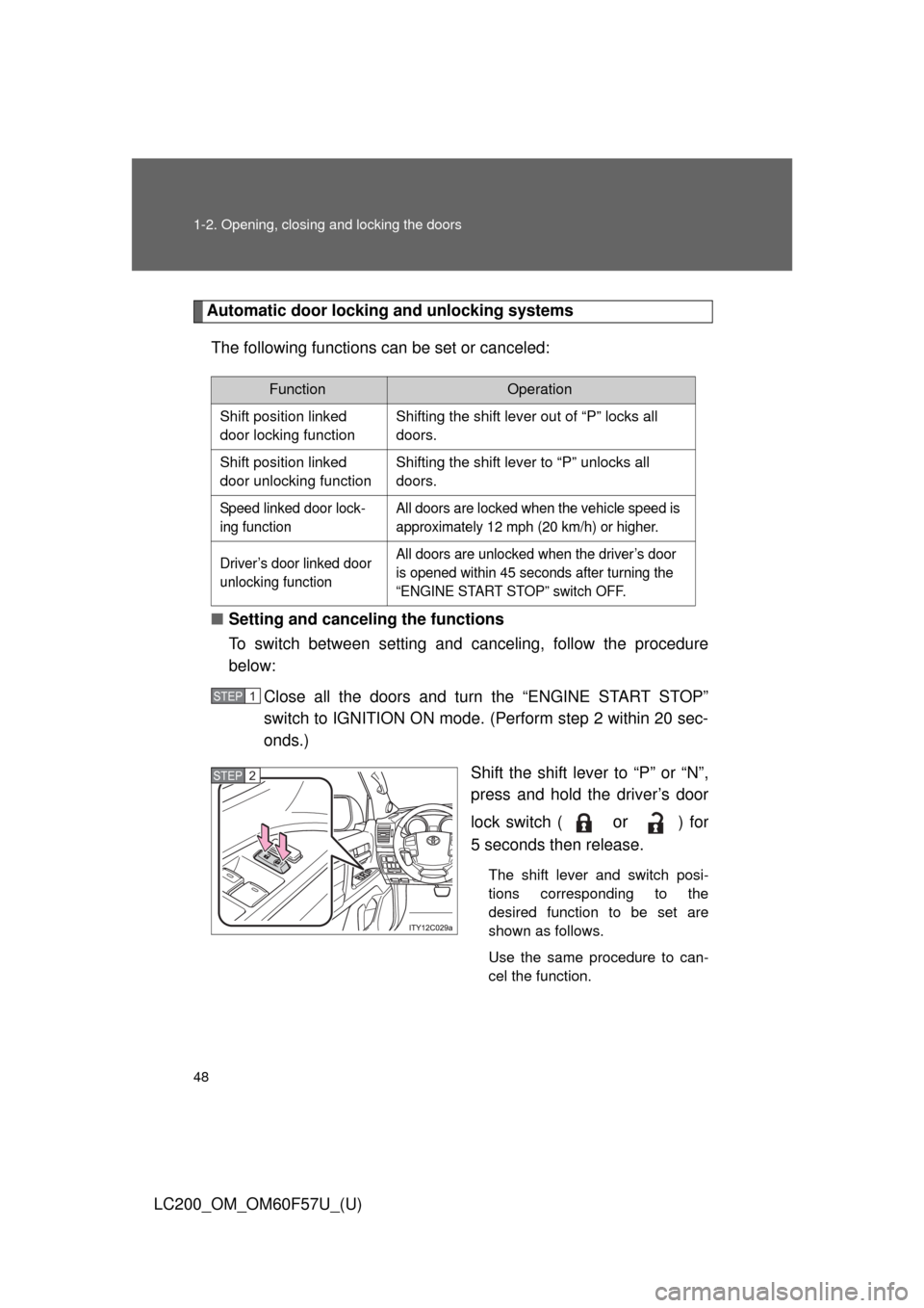 TOYOTA LAND CRUISER 2013 J200 Owners Manual 48 1-2. Opening, closing and locking the doors
LC200_OM_OM60F57U_(U)
Automatic door locking and unlocking systems
The following functions can be set or canceled:
■Setting and canceling the functions TOYOTA LAND CRUISER 2013 J200 Owners Manual 48 1-2. Opening, closing and locking the doors
LC200_OM_OM60F57U_(U)
Automatic door locking and unlocking systems
The following functions can be set or canceled:
■Setting and canceling the functions