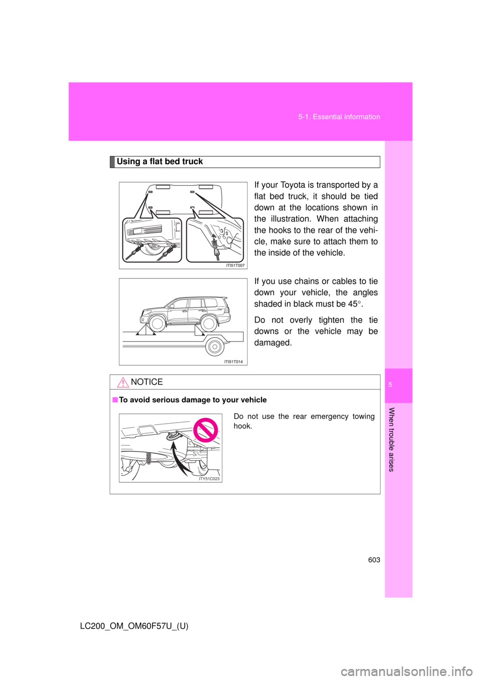 TOYOTA LAND CRUISER 2013 J200 Owners Manual 5
When trouble arises
603 5-1. Essential information
LC200_OM_OM60F57U_(U)
Using a flat bed truck
If your Toyota is transported by a
flat bed truck, it should be tied
down at the locations shown in
th