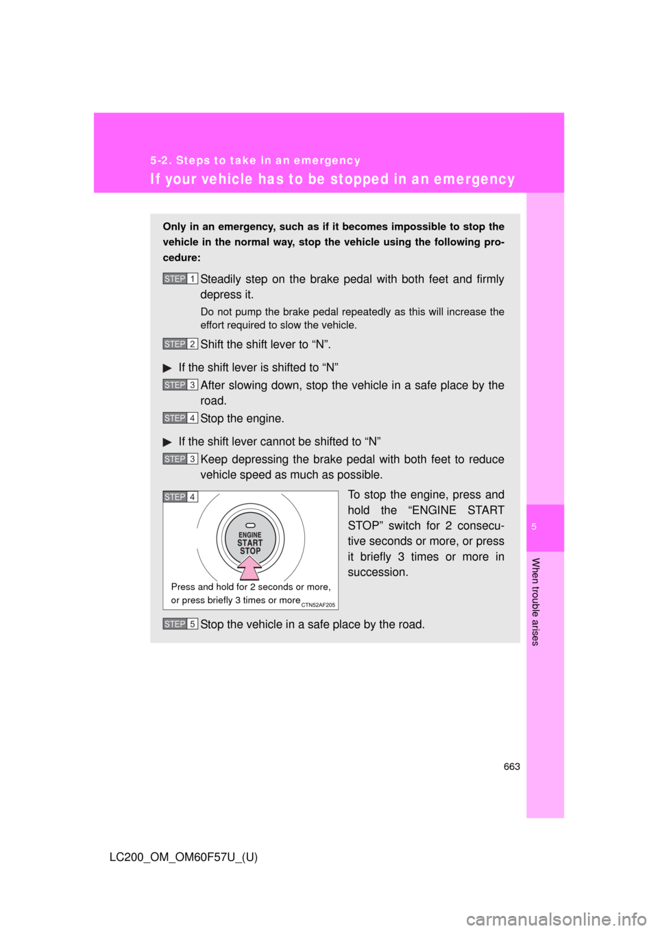 TOYOTA LAND CRUISER 2013 J200 Owners Manual 5
When trouble arises
663
5-2. Steps to take in an emergency
LC200_OM_OM60F57U_(U)
If your vehicle has to be stopped in an emergency
Only in an emergency, such as if it becomes impossible to stop the
