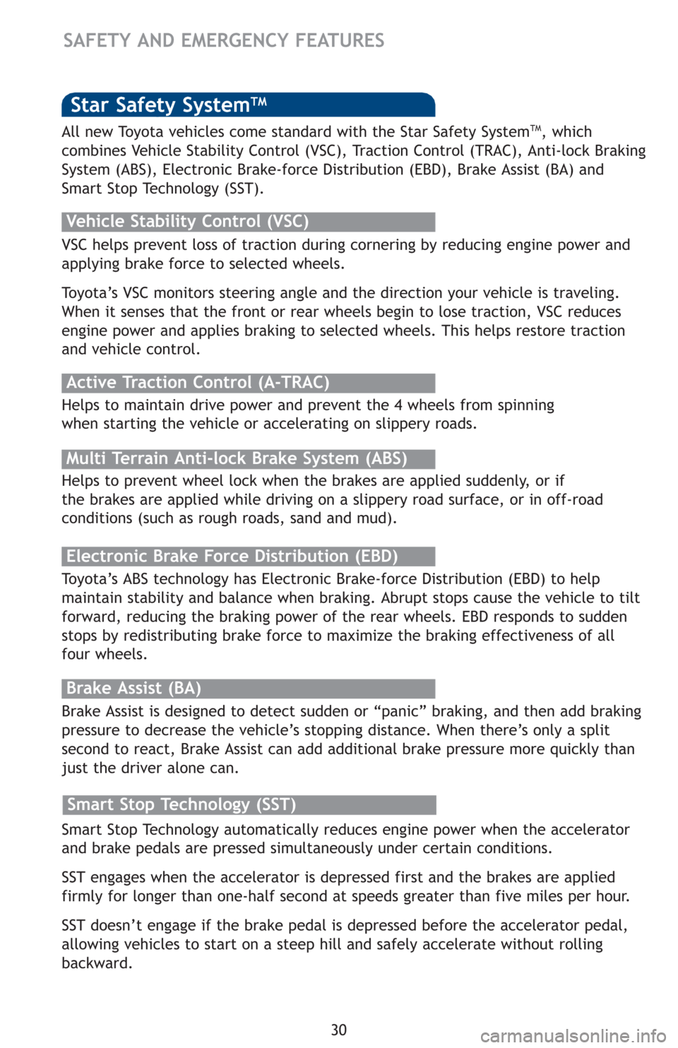 TOYOTA LAND CRUISER 2013 J200 Quick Reference Guide Smart Stop Technology automatically reduces engine power when the accelerator
and brake pedals are pressed simultaneously under certain conditions.
SST engages when the accelerator is depressed first TOYOTA LAND CRUISER 2013 J200 Quick Reference Guide Smart Stop Technology automatically reduces engine power when the accelerator
and brake pedals are pressed simultaneously under certain conditions.
SST engages when the accelerator is depressed first