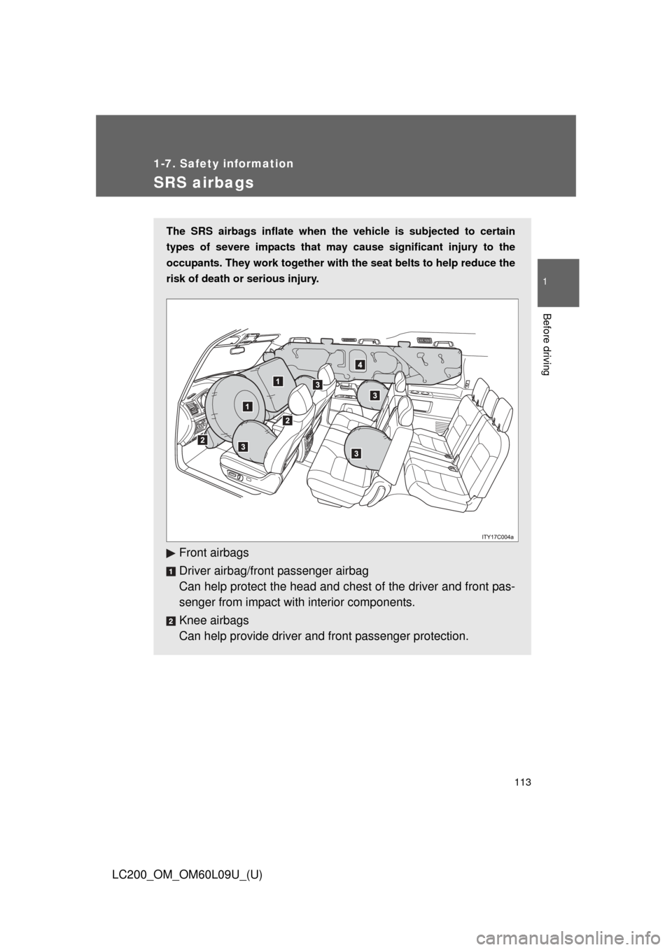 TOYOTA LAND CRUISER 2014 J200 Owners Manual 113
1
1-7. Safety information
Before driving
LC200_OM_OM60L09U_(U)
SRS airbags
The SRS airbags inflate when the vehicle is subjected to certain
types of severe impacts that may  cause significant inju