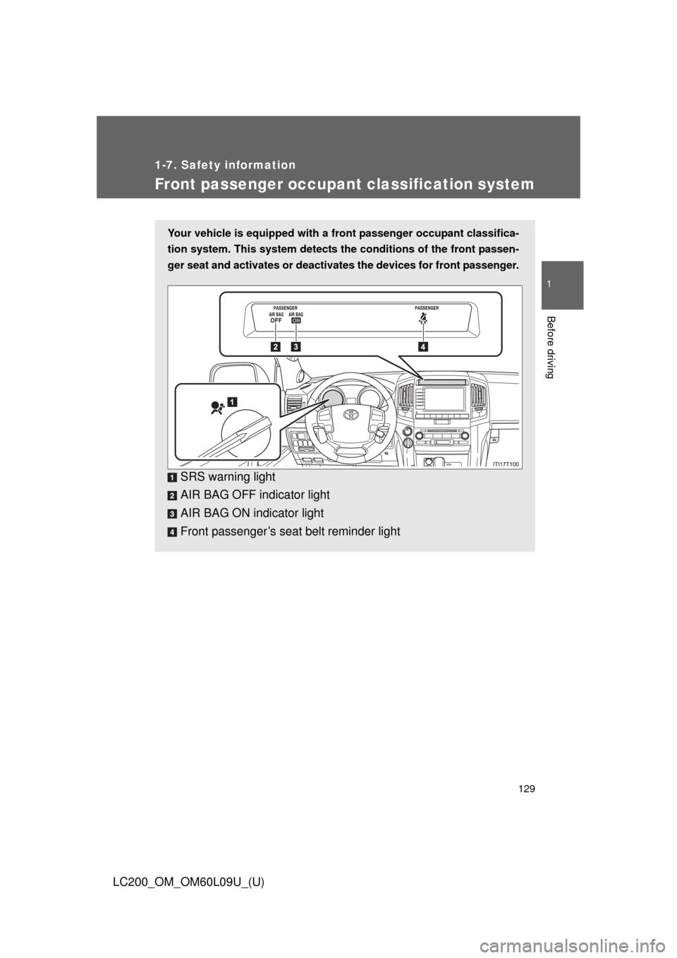 TOYOTA LAND CRUISER 2014 J200 Owners Manual 129
1
1-7. Safety information
Before driving
LC200_OM_OM60L09U_(U)
Front passenger occupant classification system
Your vehicle is equipped with a front passenger occupant classifica-
tion system. This