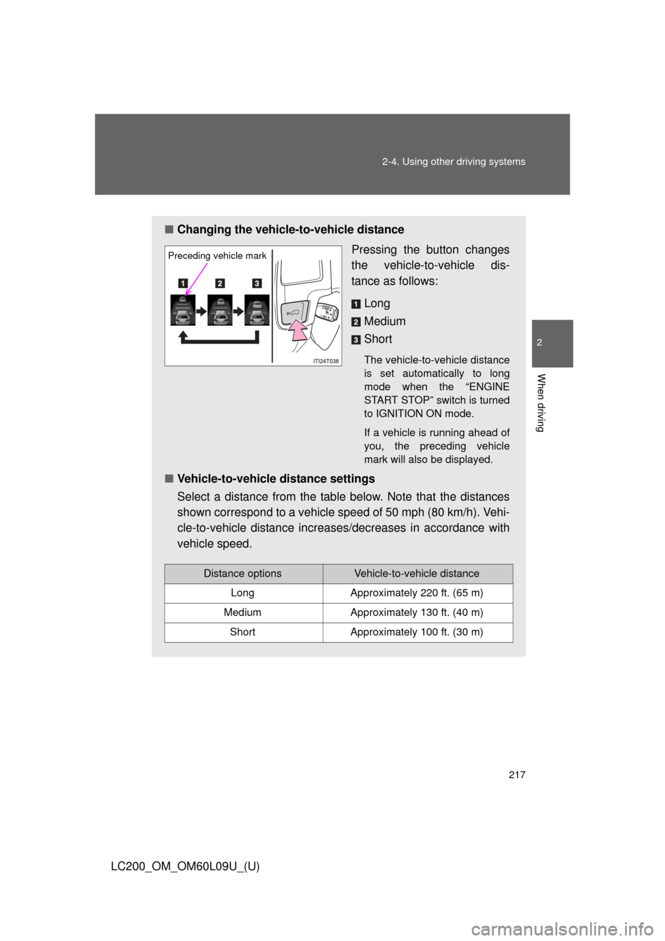 TOYOTA LAND CRUISER 2014 J200 Owners Manual 217
2-4. Using other 
driving systems
2
When driving
LC200_OM_OM60L09U_(U)
■Changing the vehicle -to-vehicle distance
Pressing the button changes
the vehicle-to-vehicle dis-
tance as follows:
Long
M