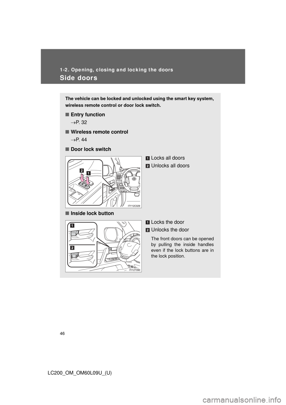 TOYOTA LAND CRUISER 2014 J200 Owners Manual 46
1-2. Opening, closing and locking the doors
LC200_OM_OM60L09U_(U)
Side doors
The vehicle can be locked and unlocked using the smart key system,
wireless remote control  or door lock switch. 
■Ent