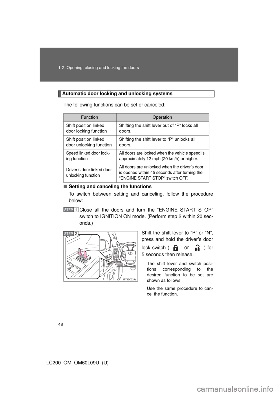 TOYOTA LAND CRUISER 2014 J200 Owners Manual 48 1-2. Opening, closing and locking the doors
LC200_OM_OM60L09U_(U)
Automatic door locking and unlocking systemsThe following functions can be set or canceled:
■ Setting and canceling the functions TOYOTA LAND CRUISER 2014 J200 Owners Manual 48 1-2. Opening, closing and locking the doors
LC200_OM_OM60L09U_(U)
Automatic door locking and unlocking systemsThe following functions can be set or canceled:
■ Setting and canceling the functions