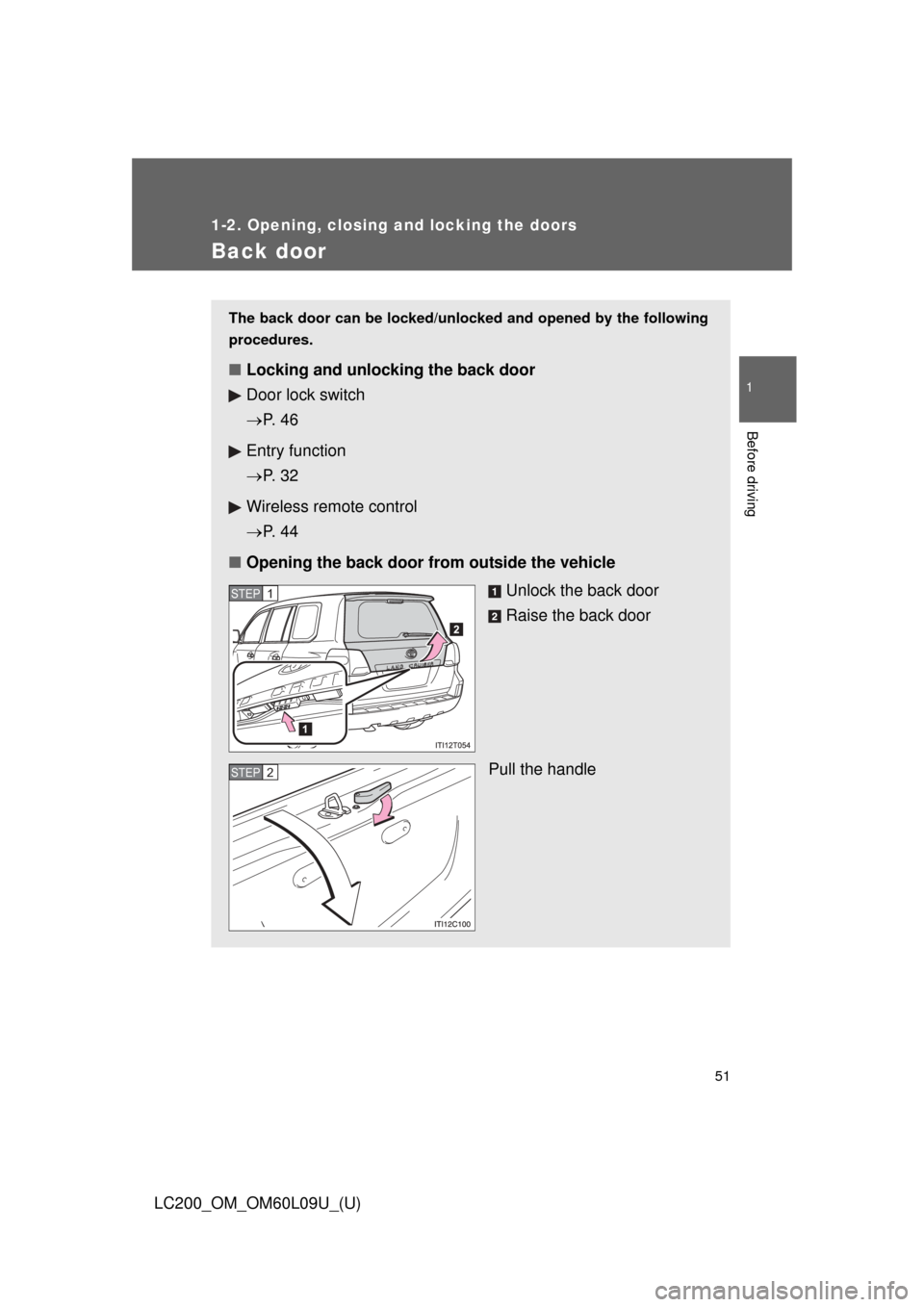 TOYOTA LAND CRUISER 2014 J200 Owners Manual 51
1
1-2. Opening, closing and locking the doors
Before driving
LC200_OM_OM60L09U_(U)
Back door
The back door can be locked/unlocked and opened by the following
procedures.
■Locking and unlocking th
