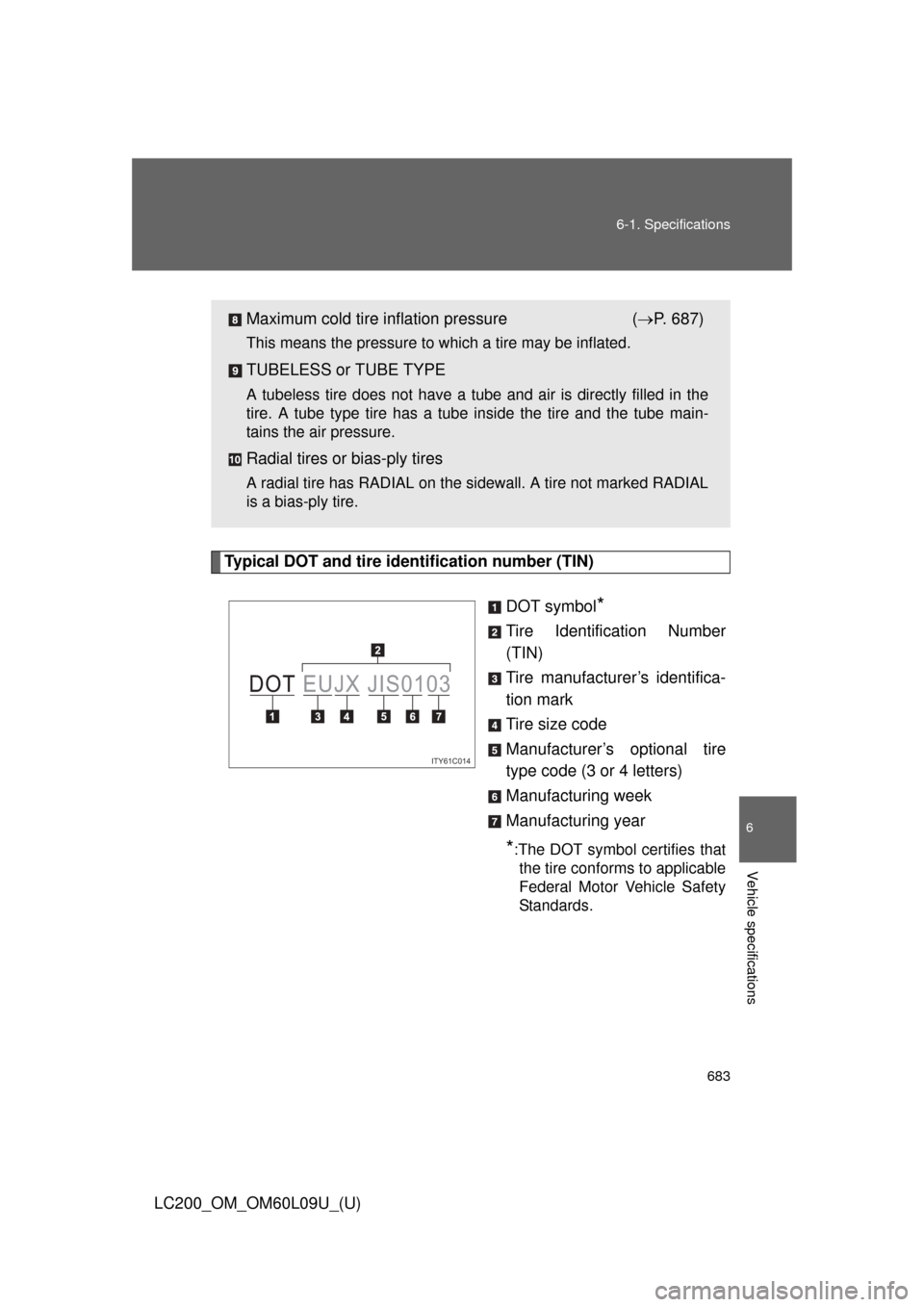 TOYOTA LAND CRUISER 2014 J200 Owners Manual 683
6-1. Specifications
6
Vehicle specifications
LC200_OM_OM60L09U_(U)
Typical DOT and tire identification number (TIN)
DOT symbol
*
Tire Identification Number
(TIN)
Tire manufacturer’s identifica-
