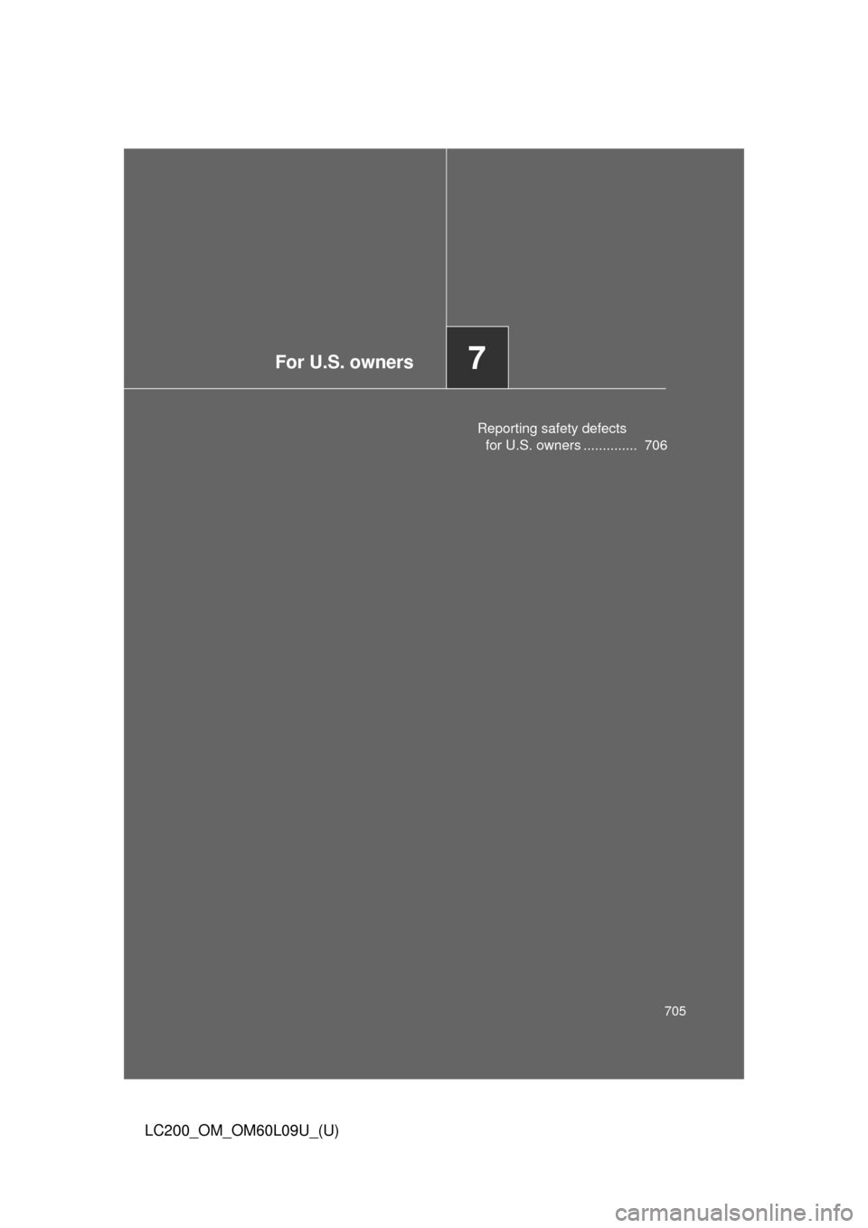 TOYOTA LAND CRUISER 2014 J200 Owners Manual For U.S. owners7
705
LC200_OM_OM60L09U_(U)
Reporting safety defects for U.S. owners ..............  706 